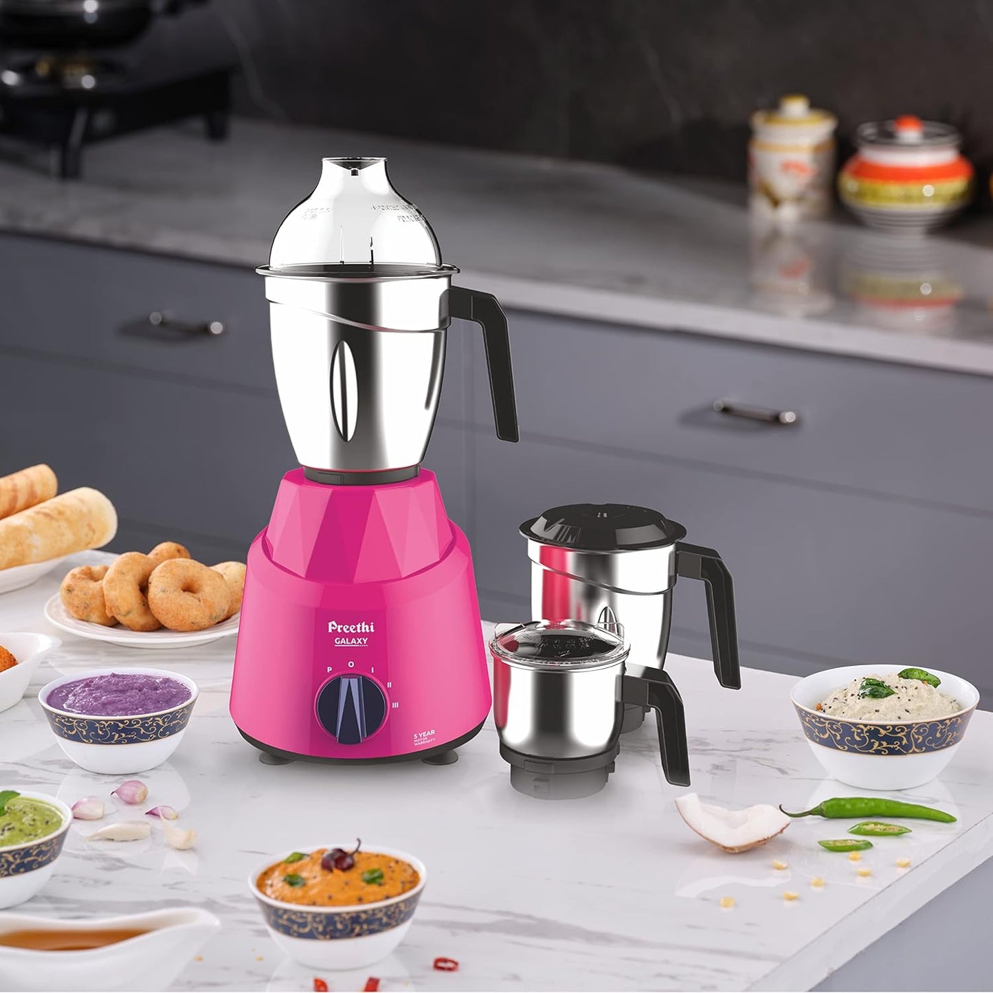 Preethi Galaxy MG225 Mixer Grinder, 750 watt, Pink, 3 Jars, Vega W5 Motor with 5yr Warranty & Lifelong Free Service |Plastic