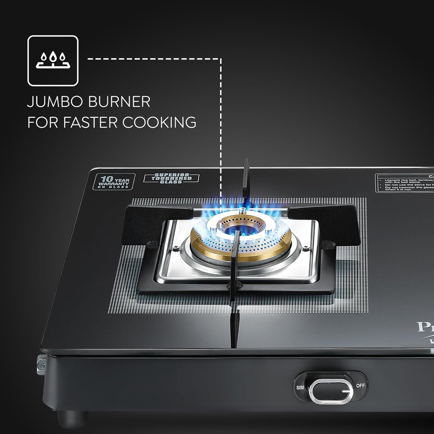 Prestige Vectra 2 Burner Glasstop Gas Stove|Superior Toughened Glass|Jumbo Brass Burner|3-Way Gas Inlet|360 Degree Revolving Nozzle|10 Years Warranty on Glass|Black