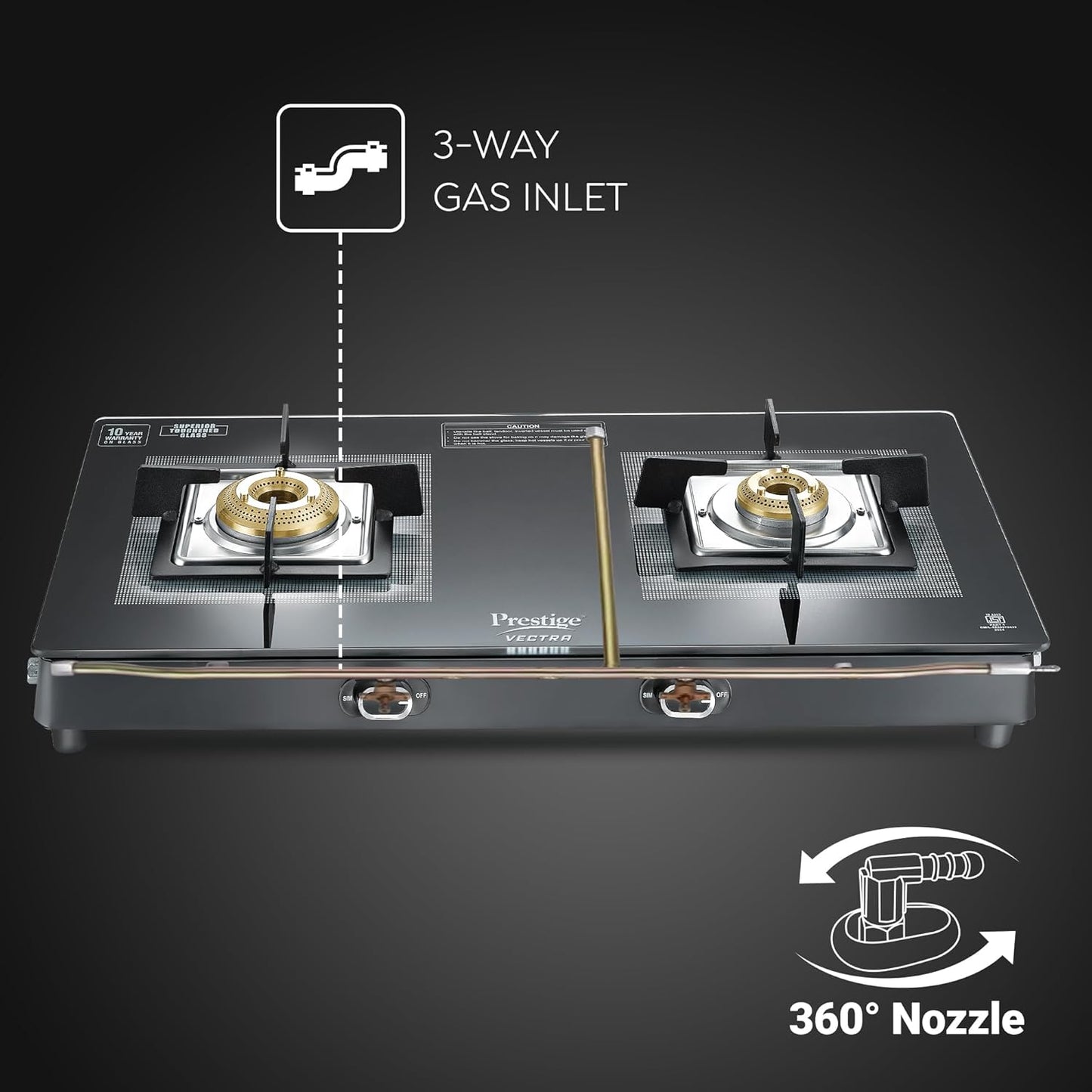 Prestige Vectra 2 Burner Glasstop Gas Stove|Superior Toughened Glass|Jumbo Brass Burner|3-Way Gas Inlet|360 Degree Revolving Nozzle|10 Years Warranty on Glass|Black