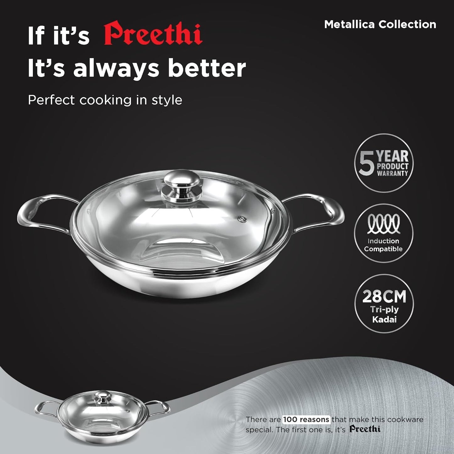 Preethi Metallica Collection Triply Stainless Steel Kadai with Glass Lid, 28 cm, Gas & Induction Compatible, Metal Spatula Friendly