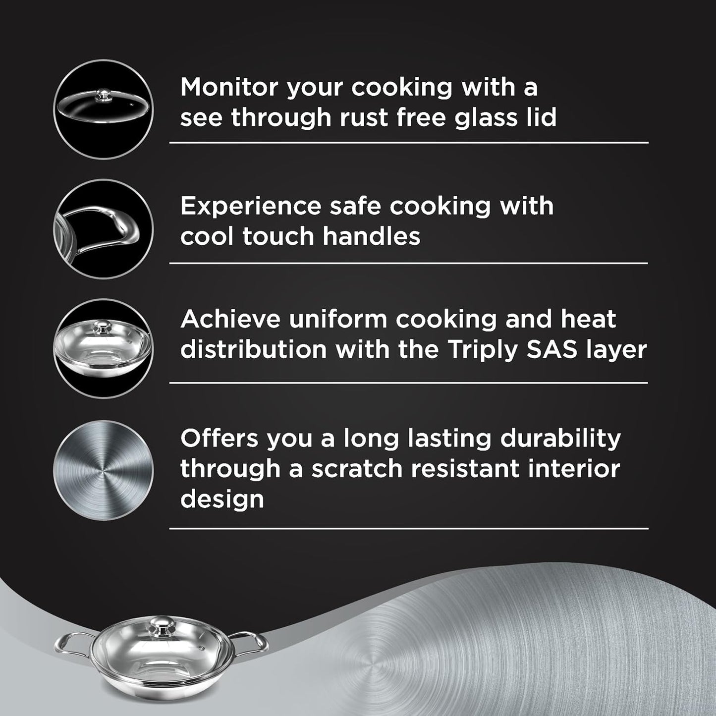 Preethi Metallica Collection Triply Stainless Steel Kadai with Glass Lid, 20 cm, Gas & Induction Compatible, Metal Spatula Friendly