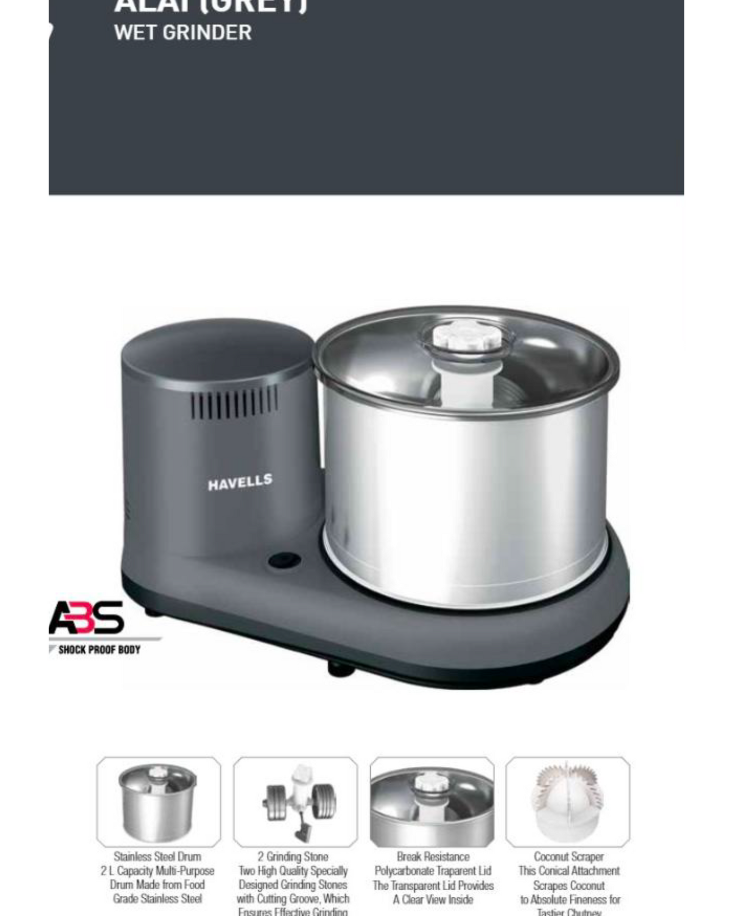 Havells Alai Plus Table Top | 2 L | With Coconut Scrapper| Atta Kneader Attachment Wet Grinder (GREY)