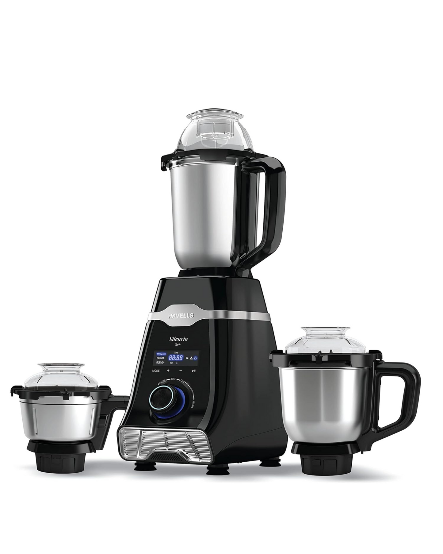 Havells Silencio| Powerful HVDC Motor |Hands Free Operation | Triple Safety Protection | 500 WATTS | Double Layered Jars | Smart Digital Control | 500 Juicer Mixer Grinder (3 Jars, Black)