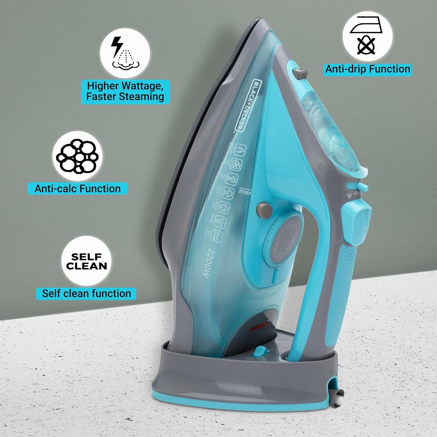 Black+Decker BXIR2201IN 2200-Watt Cordless Steam Iron Press with Auto Shut Off & Non-Stick Ceramic Sole Plate Coating | Anti-Drip Feature with 350 ml water tank | Steam Output of 30gm/min | 2 year Warranty (Green)