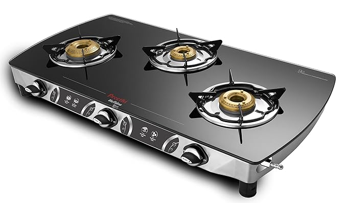 Preethi Blu Flame Blaze Glass top 3 Burner Gas Stove, Manual Ignition, Black (ISI Certified), GTS 117