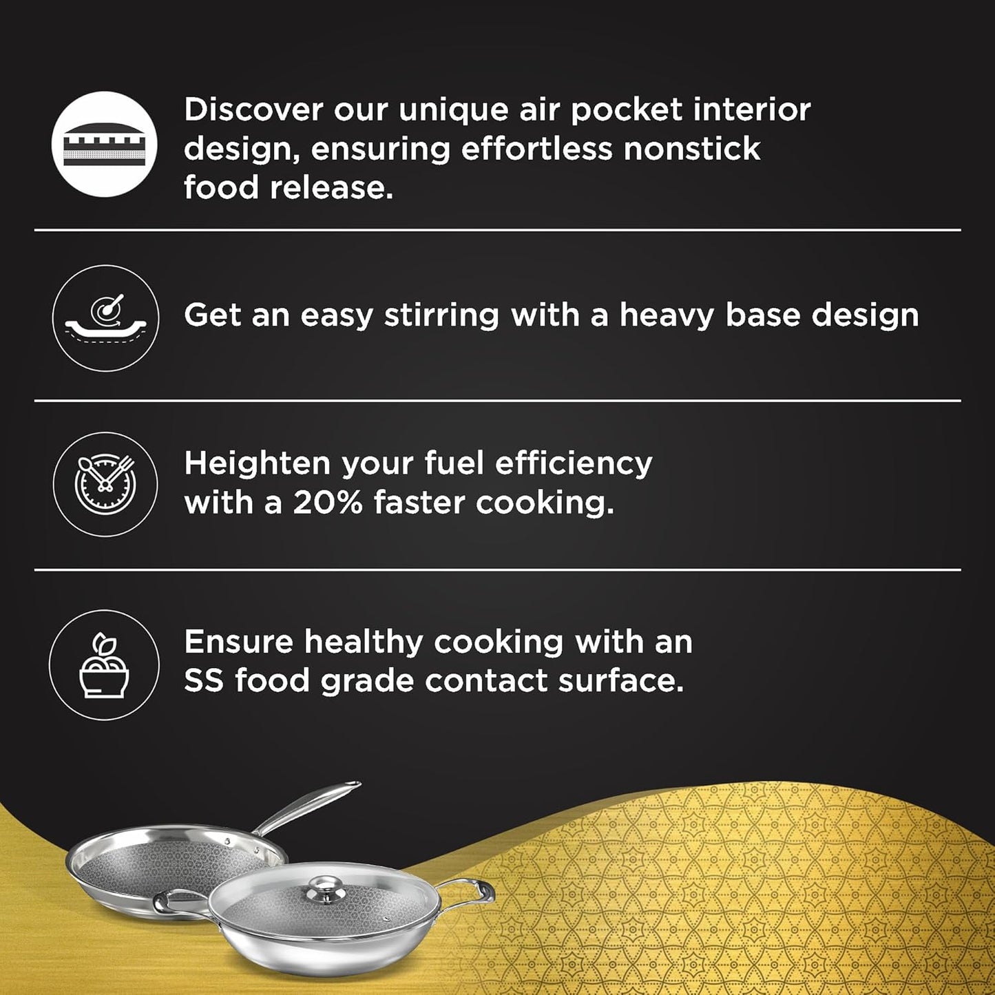 Preethi Diva Collection Triply Stainless Steel Set with API Technology, 26 cm Kadai, 26 cm Fry Pan, Gas & Induction Compatible,with Glass Lid, Metal Spatula Friendly with 5 Year Product Warranty