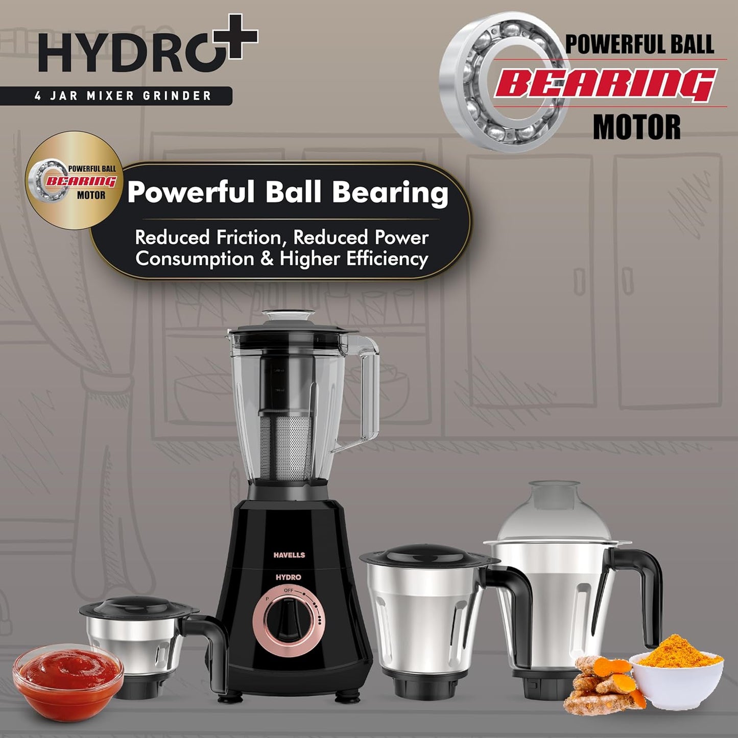 HAVELLS Hydro Plus 1000 watt 4 Jar Mixer Grinder with Ball Bearing Motor 1000 Juicer Mixer Grinder (4 Jars, Black)