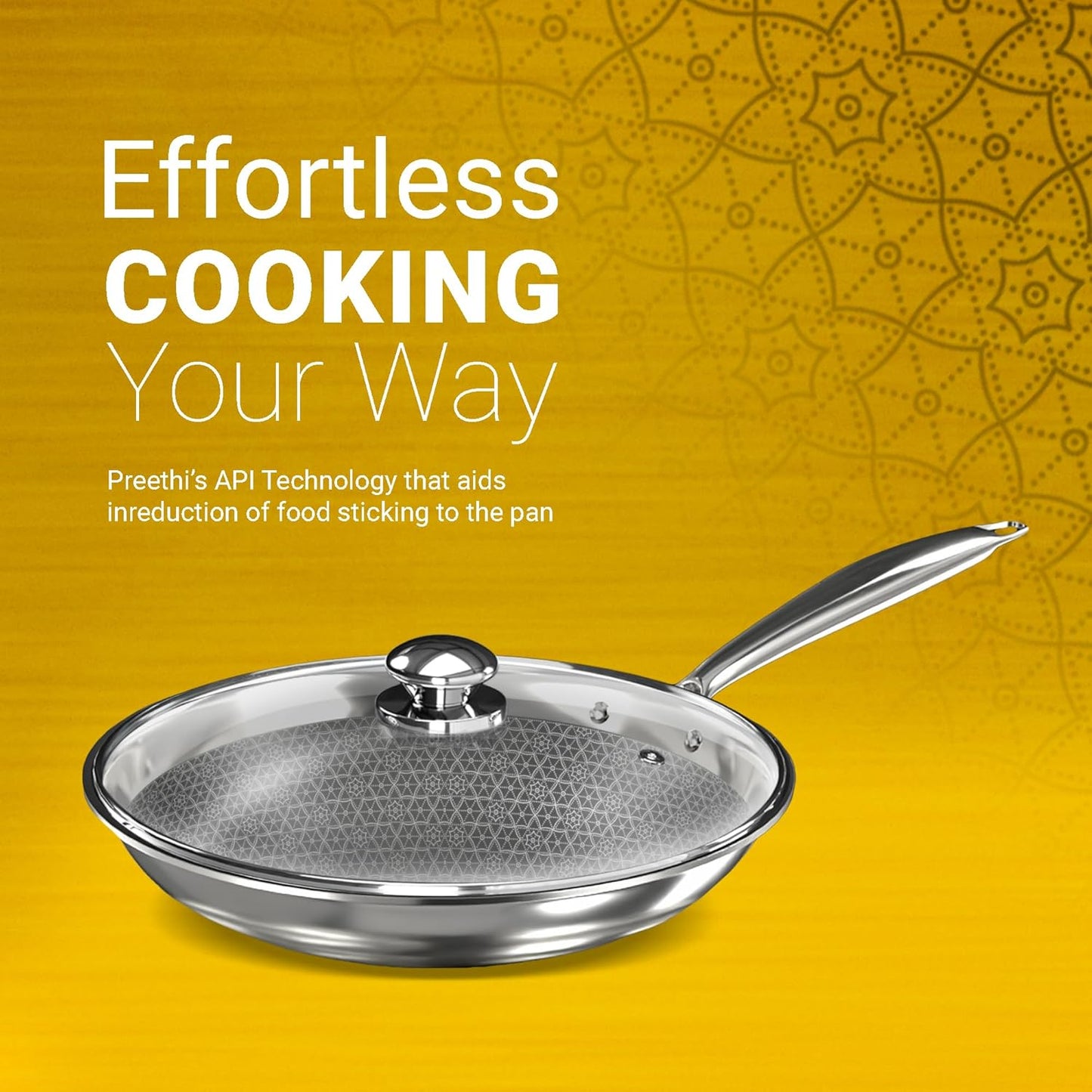 Preethi Diva Collection Triply Stainless Steel Fry Pan with API Technology, 26 cm, Gas & Induction Compatible, with Glass Lid, Metal Spatula Friendly with 5 Year Product Warranty