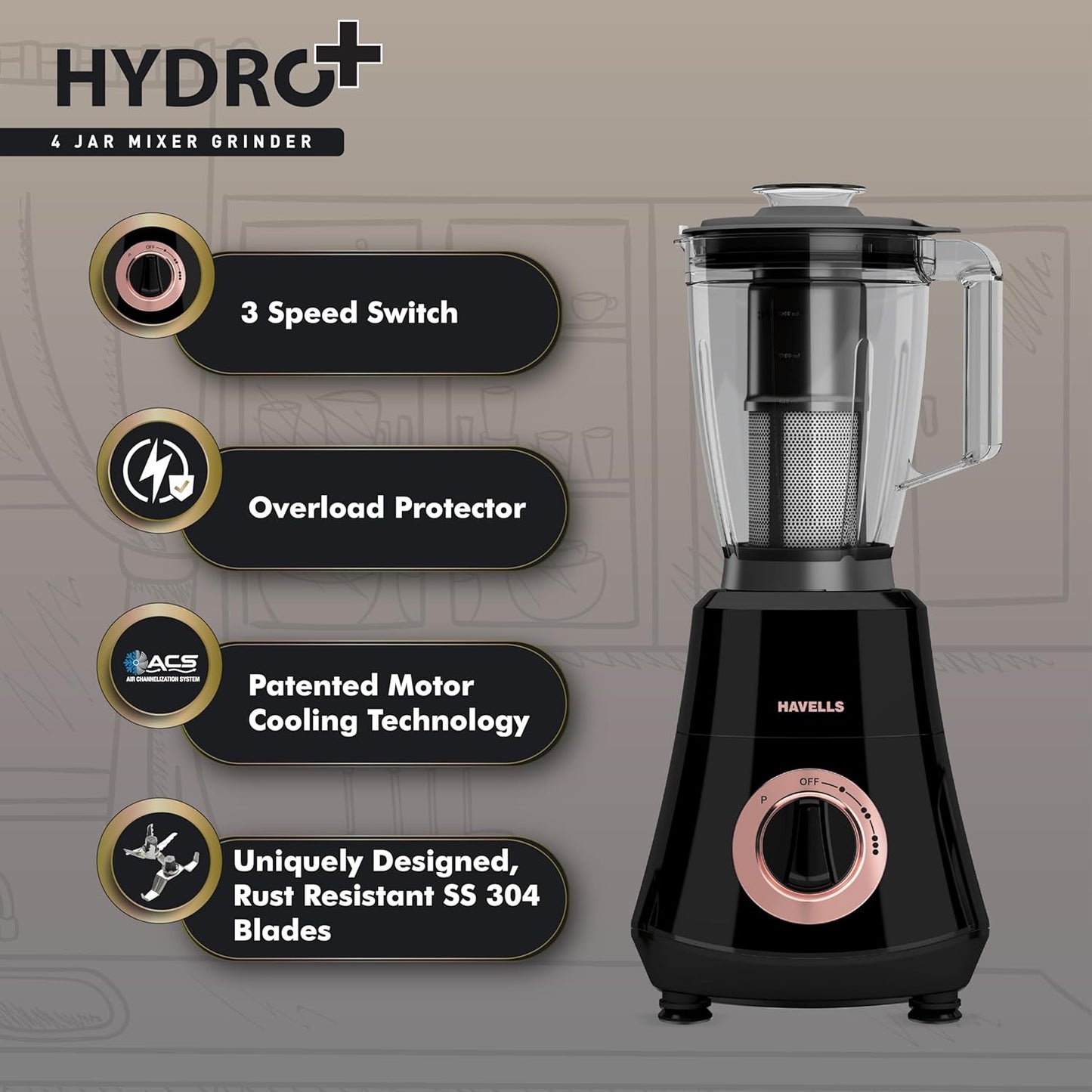 HAVELLS Hydro Plus 1000 watt 4 Jar Mixer Grinder with Ball Bearing Motor 1000 Juicer Mixer Grinder (4 Jars, Black)