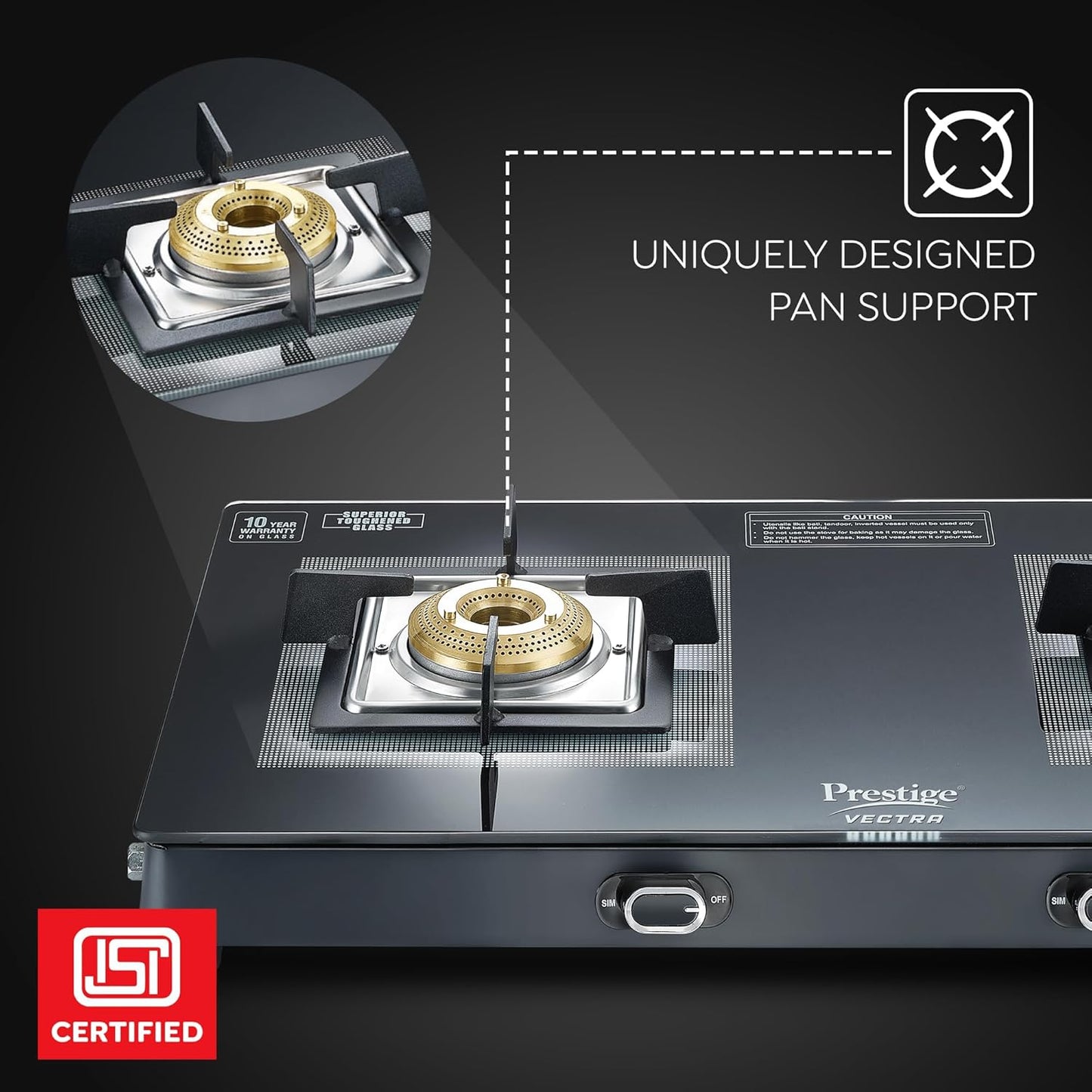 Prestige Vectra 2 Burner Glasstop Gas Stove|Superior Toughened Glass|Jumbo Brass Burner|3-Way Gas Inlet|360 Degree Revolving Nozzle|10 Years Warranty on Glass|Black