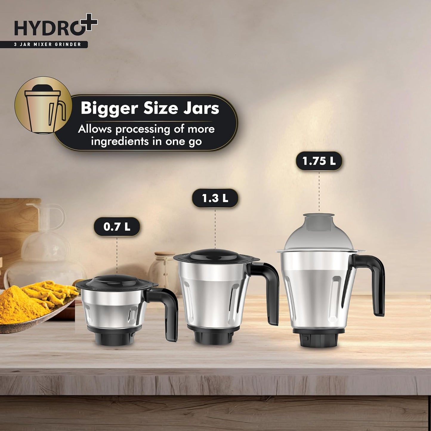 HAVELLS Hydro Plus 1000 watt 3 Jar Mixer Grinder with Ball Bearing Motor 1000 Juicer Mixer Grinder (3 Jars, Black)