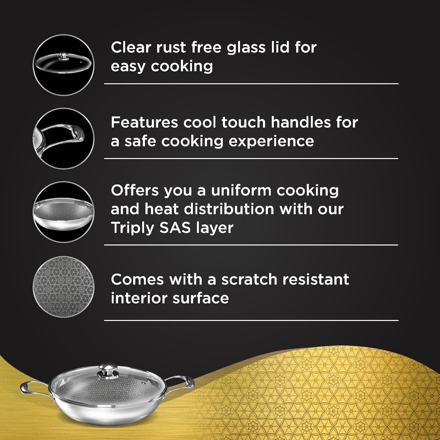 Preethi Diva Collection Triply Stainless Steel Kadai with API Technology, 28 cm, Gas & Induction Compatible,with Glass Lid, Metal Spatula Friendly with 5 Year Product Warranty