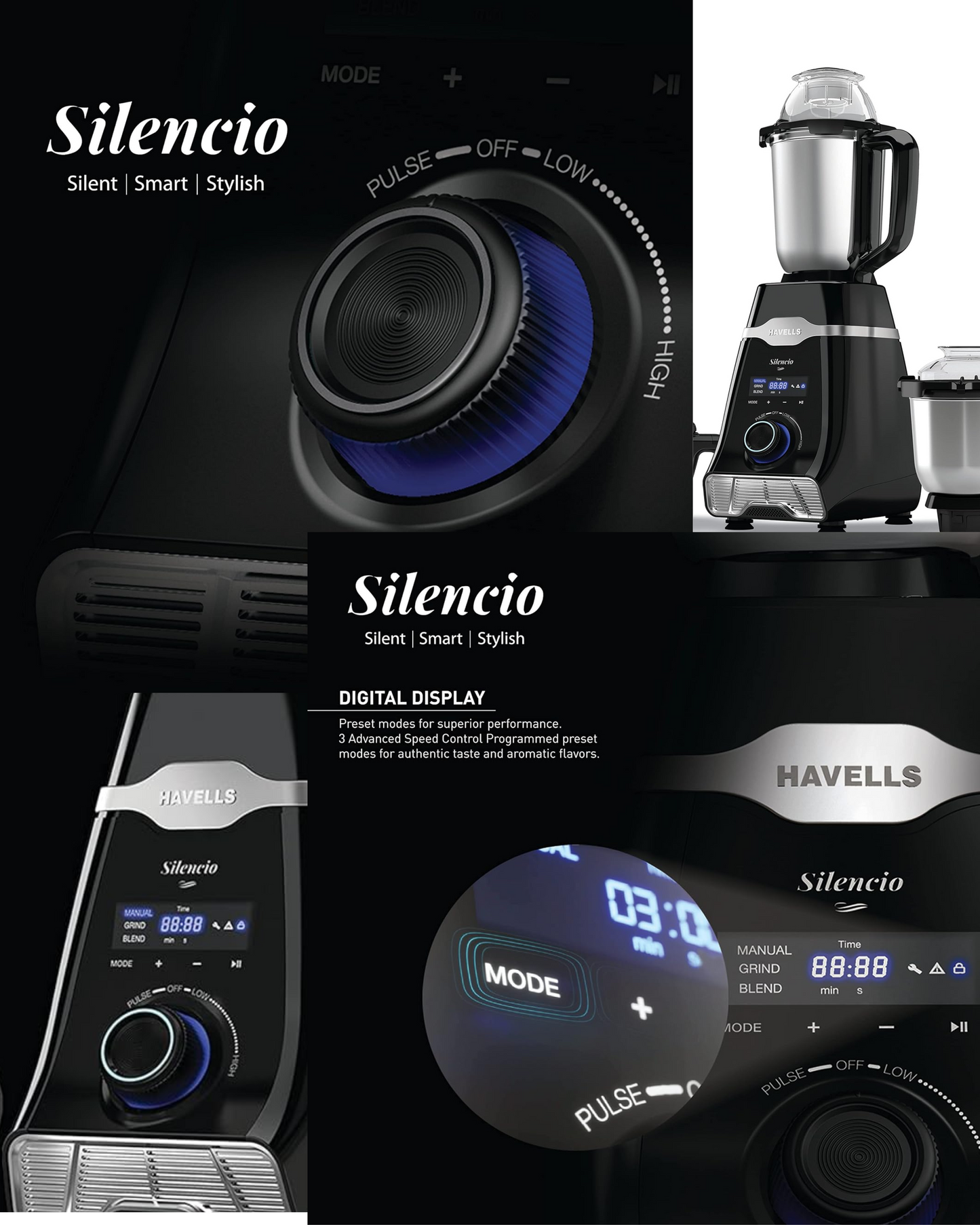 Havells Silencio| Powerful HVDC Motor |Hands Free Operation | Triple Safety Protection | 500 WATTS | Double Layered Jars | Smart Digital Control | 500 Juicer Mixer Grinder (3 Jars, Black)