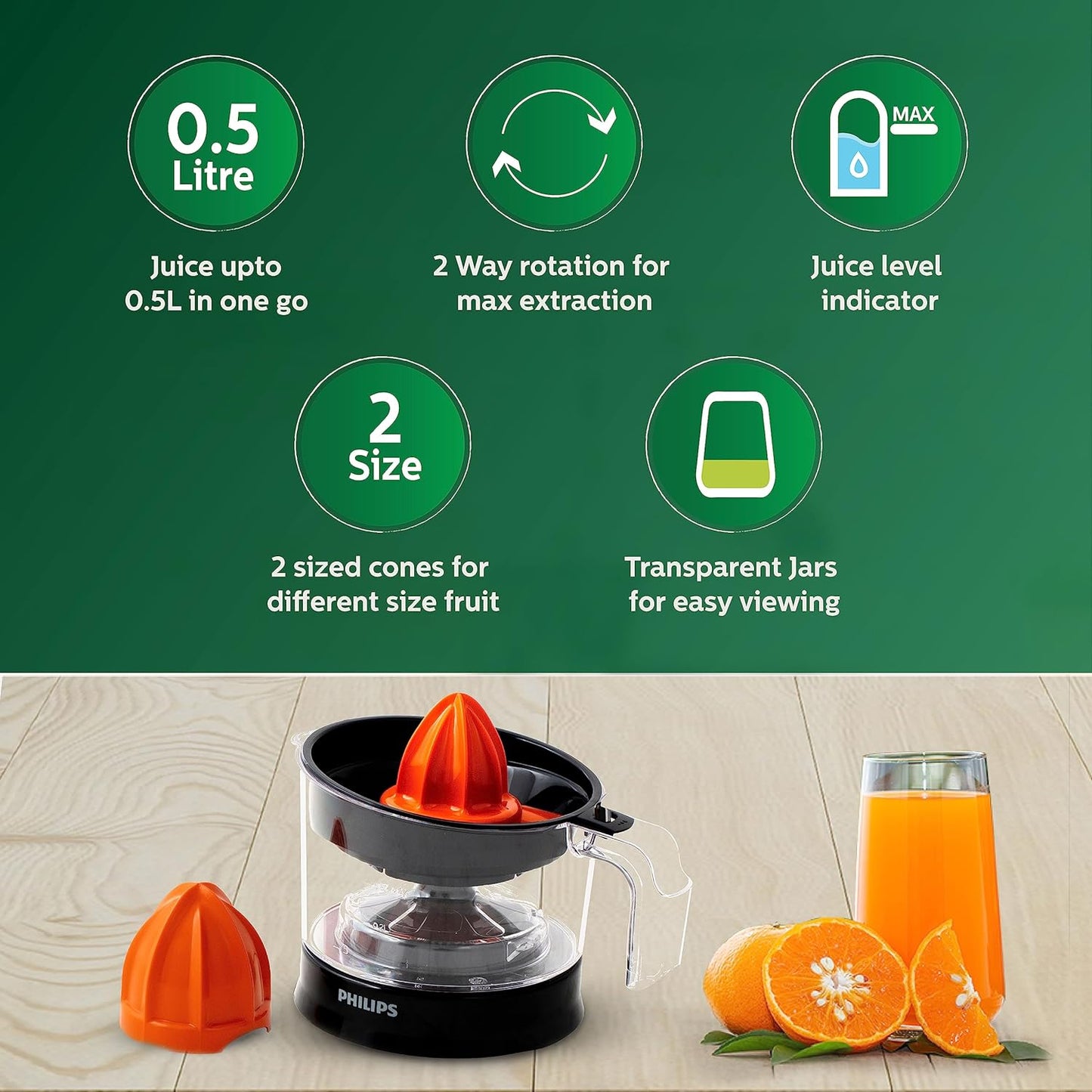 Philips Citrus Press Juicer HR2777/00, 0.5 Litre, 2 Sized Cones for different size fruit
