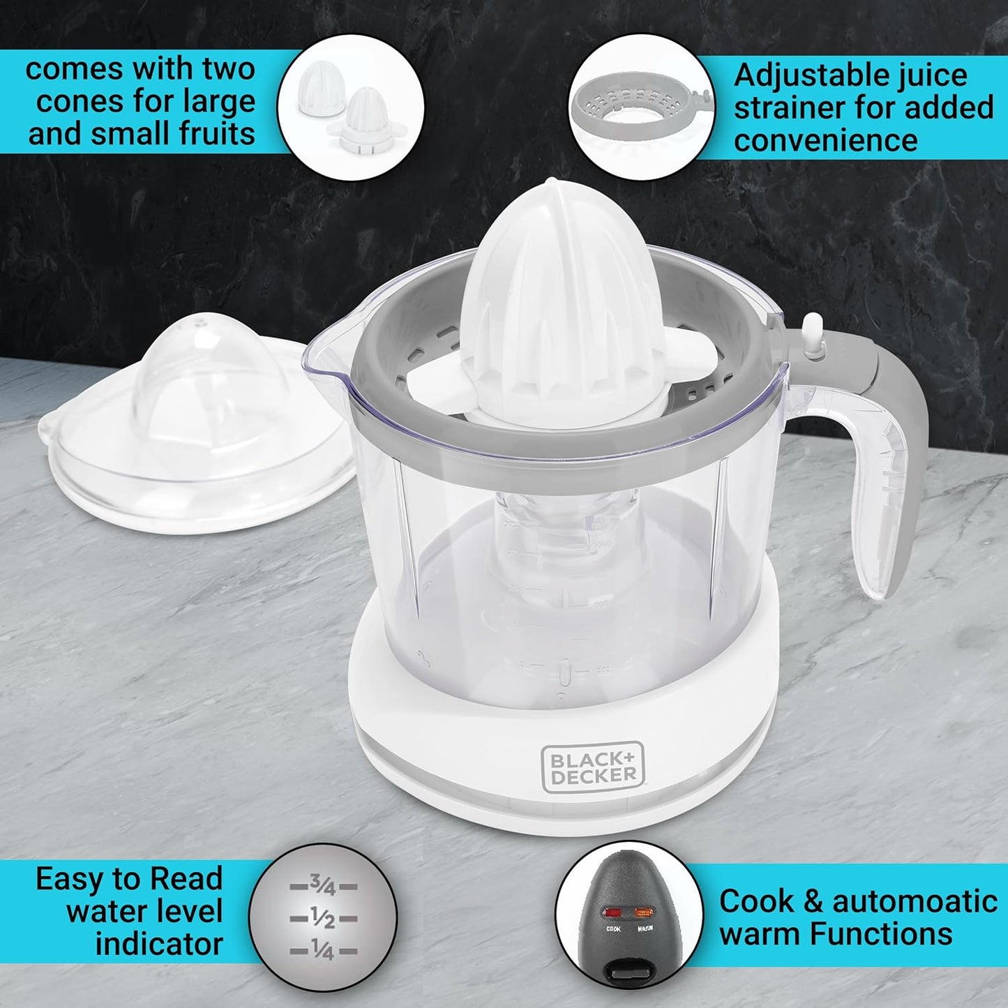 Black + Decker BXCJ0101IN 30-Watt 1L Citrus Juicer | 2-Year Warranty (White)