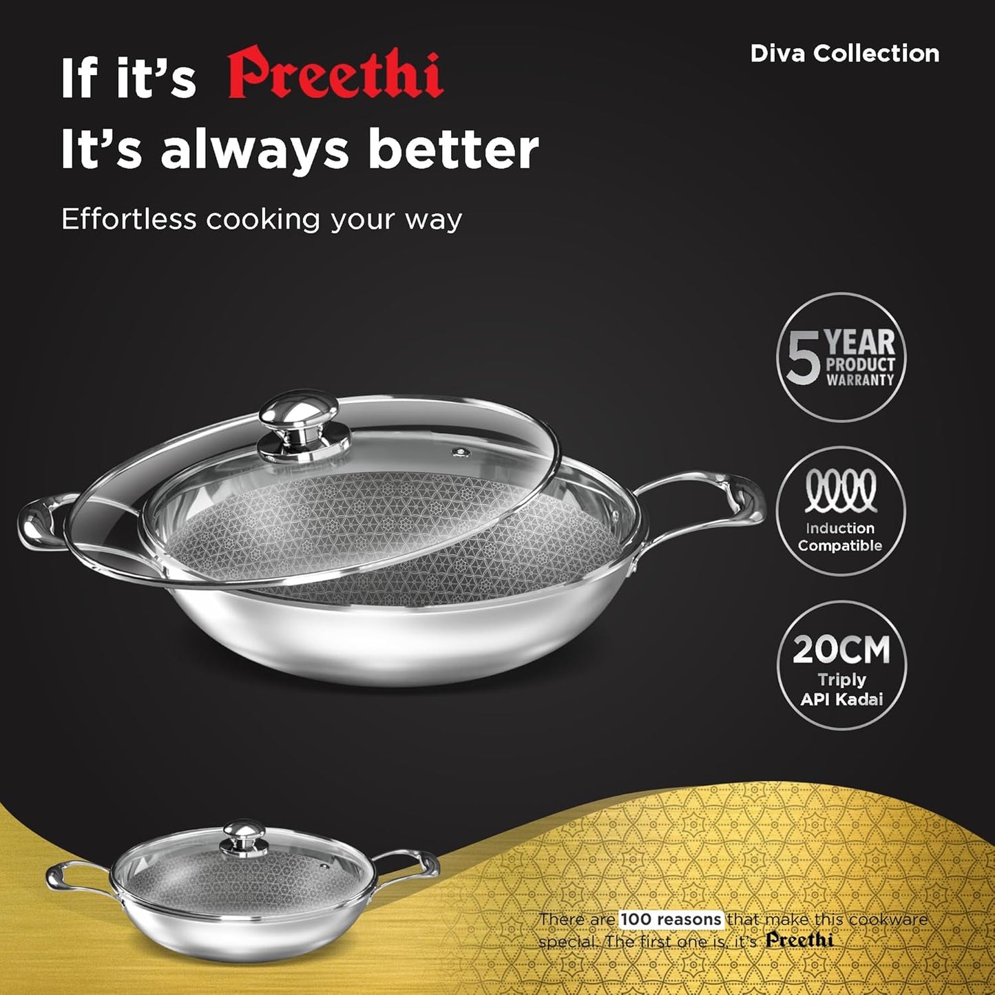 Preethi Diva Collection Triply Stainless Steel Kadai with API Technology, 20 cm, Gas & Induction Compatible, with Glass Lid, Metal Spatula Friendly with 5 Year Product Warranty