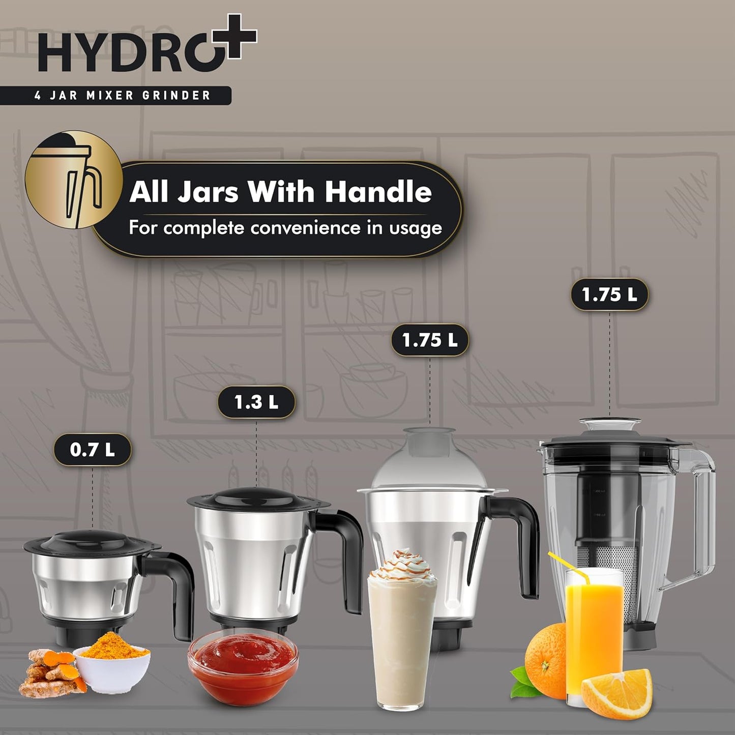 HAVELLS Hydro Plus 1000 watt 4 Jar Mixer Grinder with Ball Bearing Motor 1000 Juicer Mixer Grinder (4 Jars, Black)