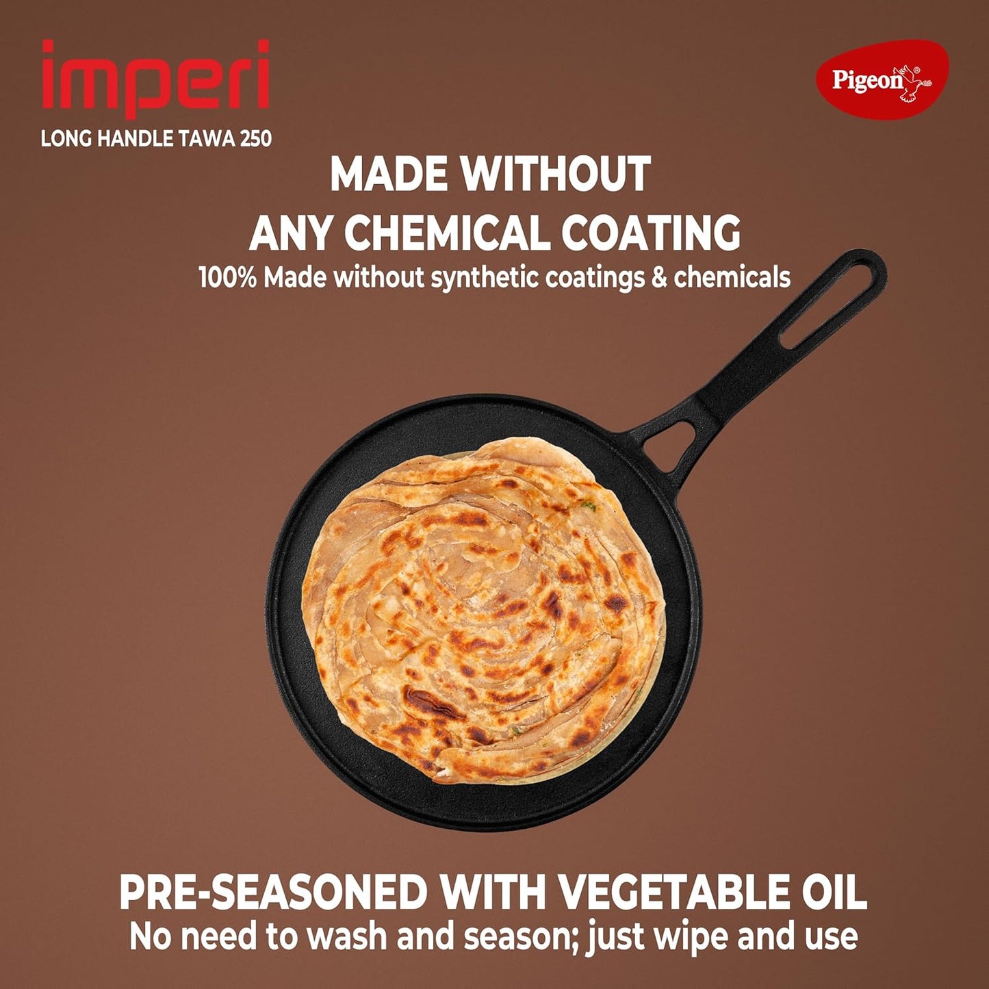 Pigeon by Stovekraft Pre-Seasoned Cast Iron Tawa 25 cm | Pre-Seasoned with 100% Vegetable Oil | Naturally Nonstick | High Pressure Casting | High Strength | Bring Back Nostalgic Taste | Toxin-Free