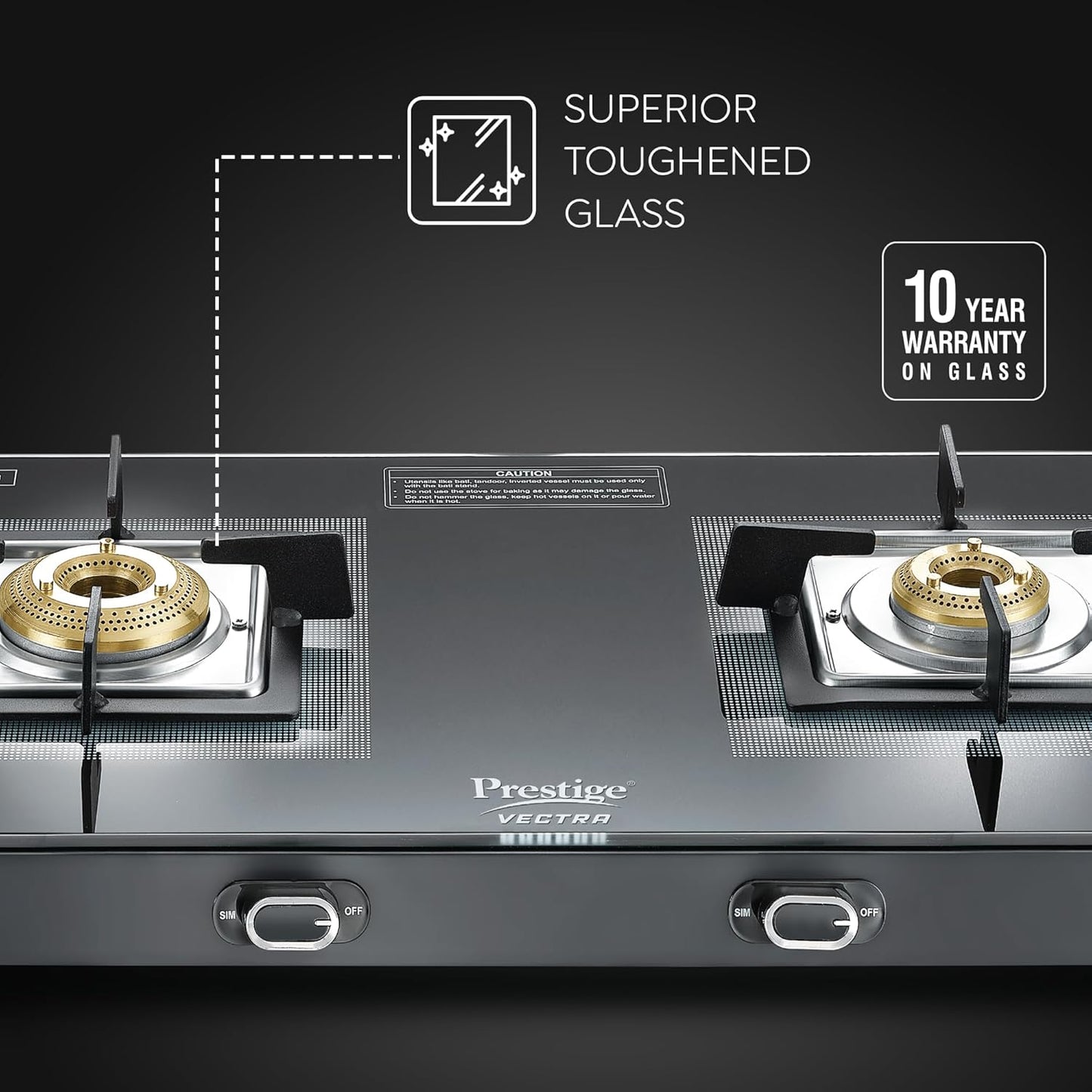 Prestige Vectra 2 Burner Glasstop Gas Stove|Superior Toughened Glass|Jumbo Brass Burner|3-Way Gas Inlet|360 Degree Revolving Nozzle|10 Years Warranty on Glass|Black