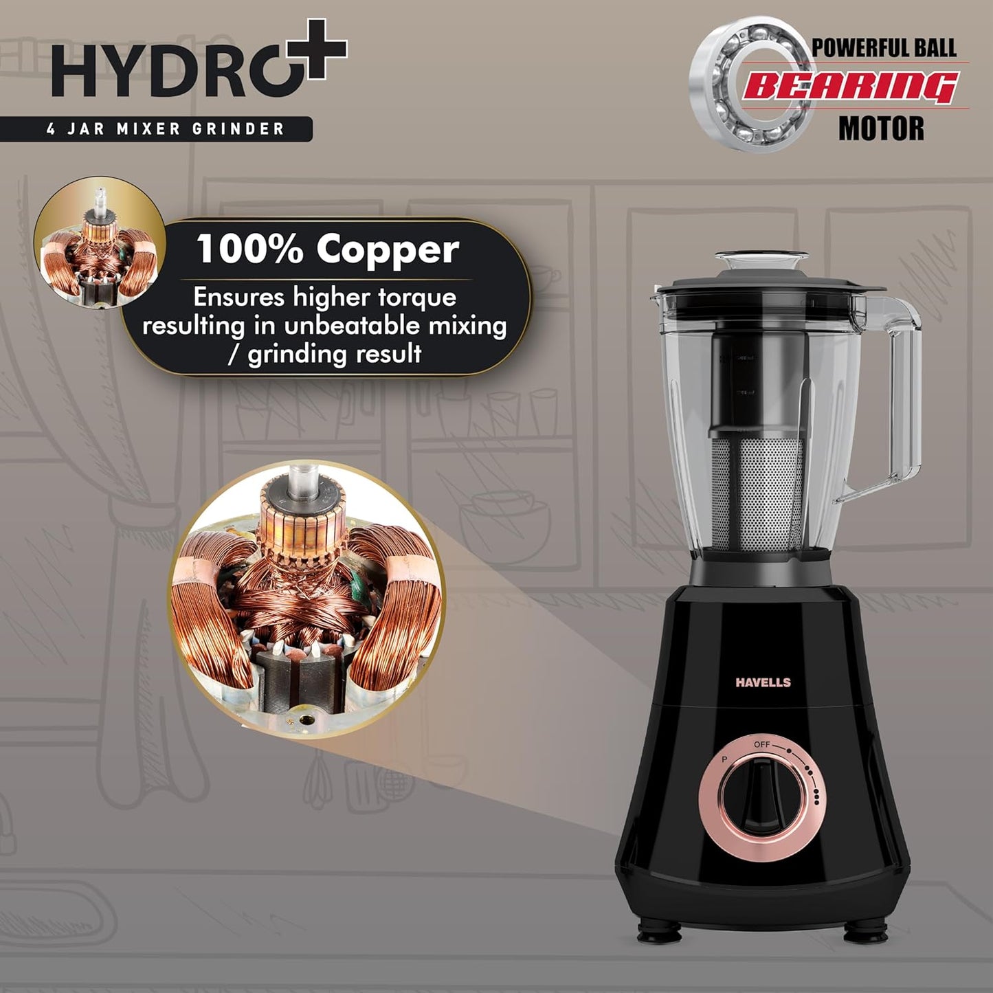 HAVELLS Hydro Plus 1000 watt 4 Jar Mixer Grinder with Ball Bearing Motor 1000 Juicer Mixer Grinder (4 Jars, Black)
