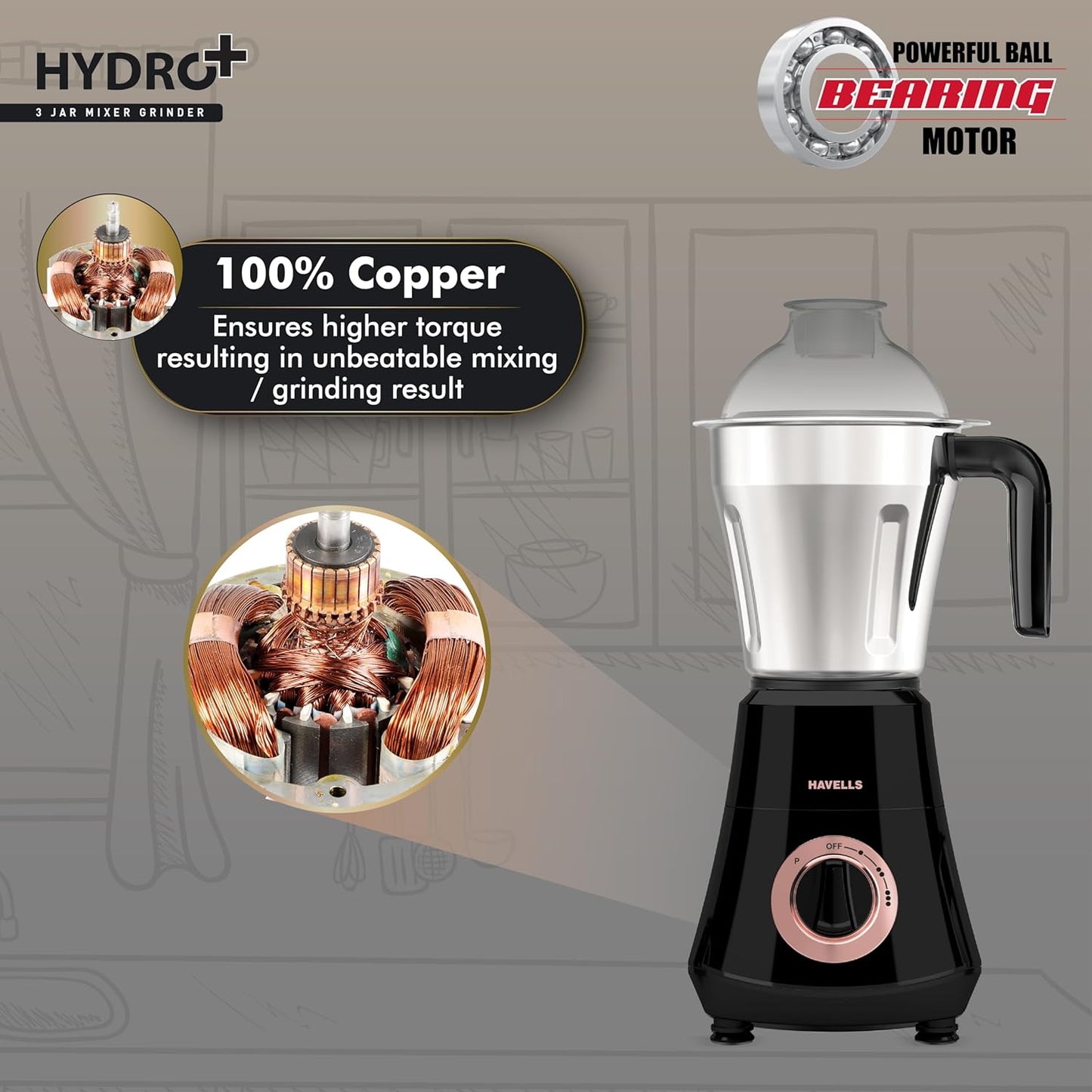 HAVELLS Hydro Plus 1000 watt 3 Jar Mixer Grinder with Ball Bearing Motor 1000 Juicer Mixer Grinder (3 Jars, Black)