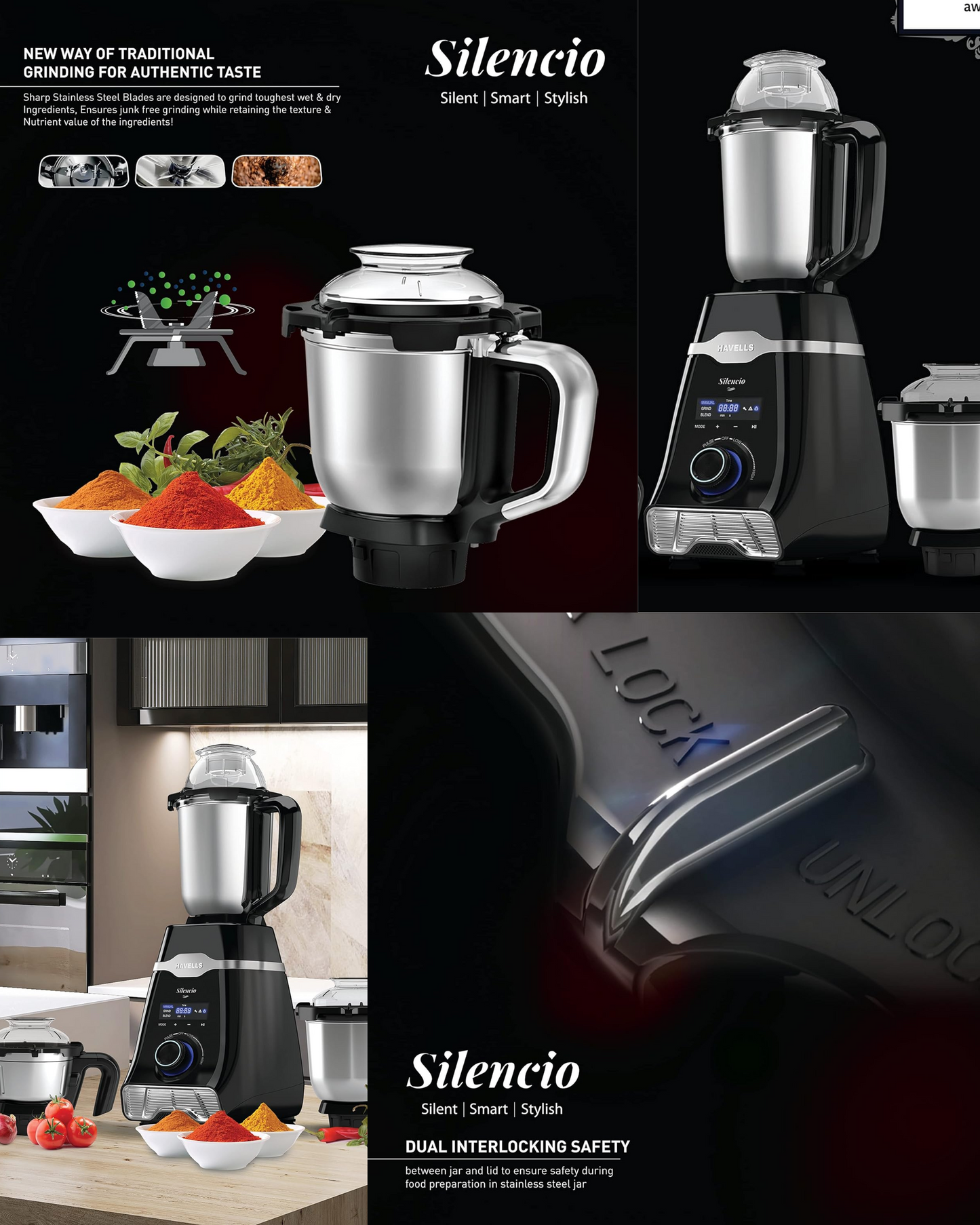 Havells Silencio| Powerful HVDC Motor |Hands Free Operation | Triple Safety Protection | 500 WATTS | Double Layered Jars | Smart Digital Control | 500 Juicer Mixer Grinder (3 Jars, Black)