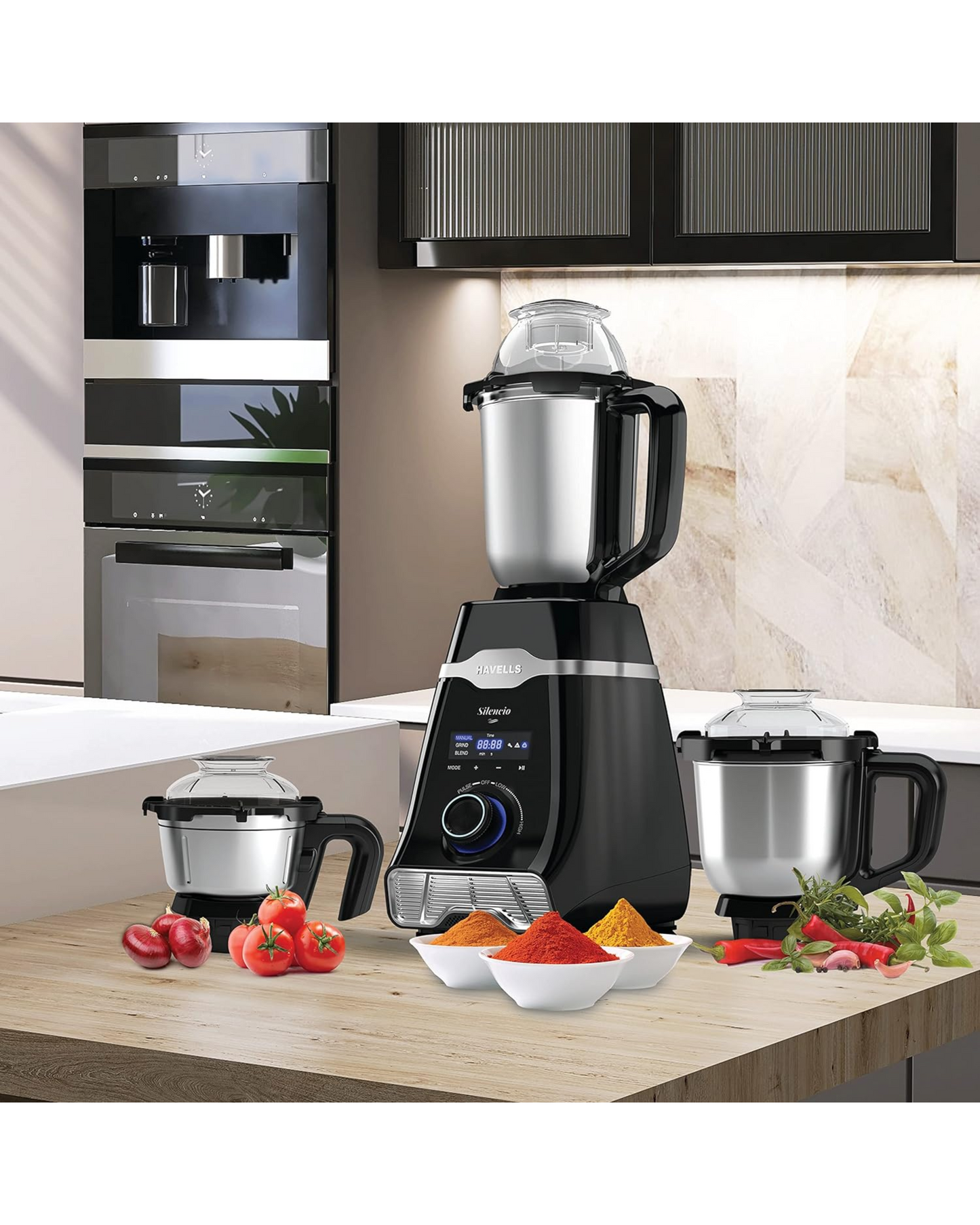 Havells Silencio| Powerful HVDC Motor |Hands Free Operation | Triple Safety Protection | 500 WATTS | Double Layered Jars | Smart Digital Control | 500 Juicer Mixer Grinder (3 Jars, Black)