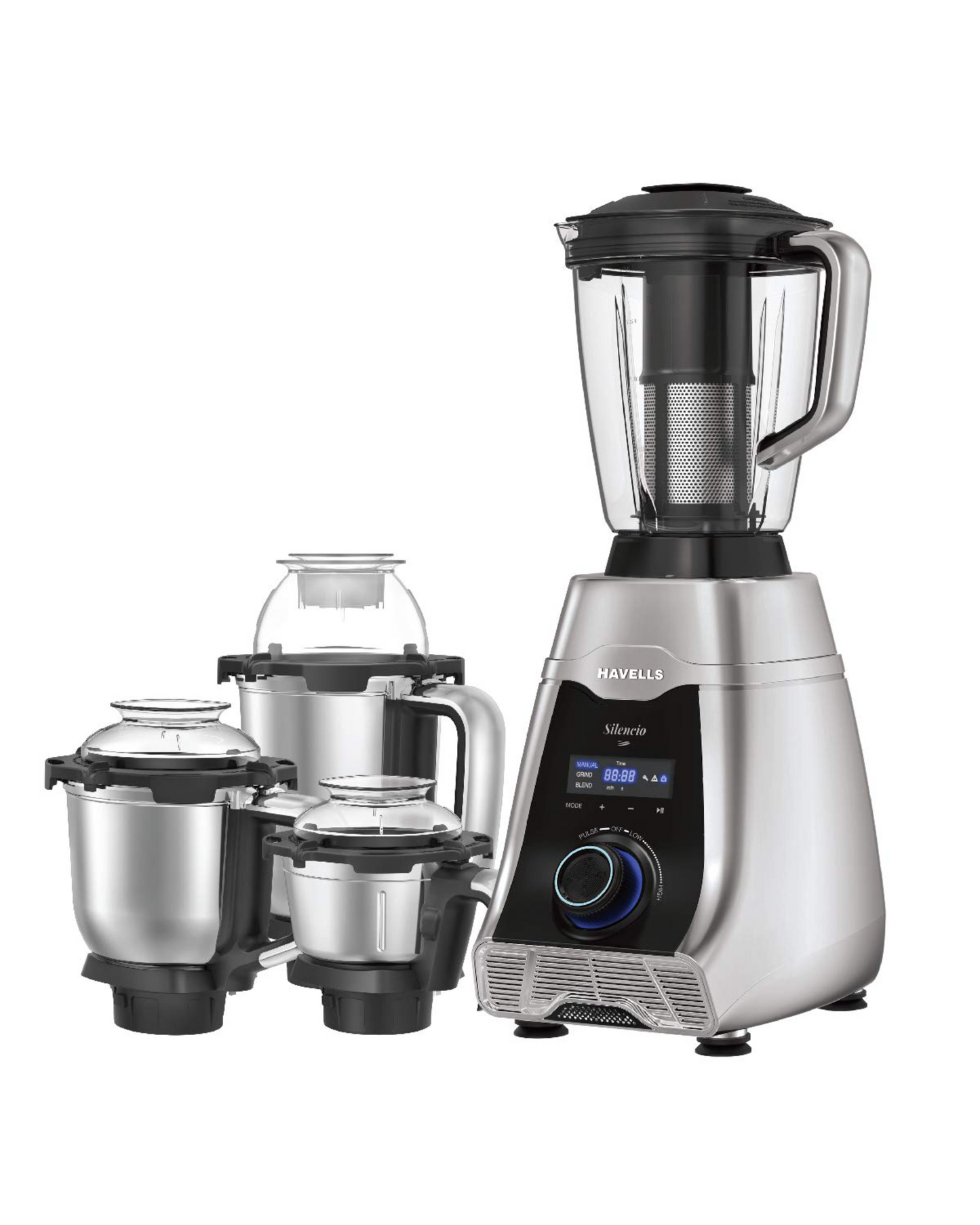 Havells Silencio | Powerful HVDC Motor |Hands Free Operation | Triple Safety Protection | 500 WATTS | Double Layered Jars | Smart Digital Control | 500 Juicer Mixer Grinder (4 Jars, Silver)