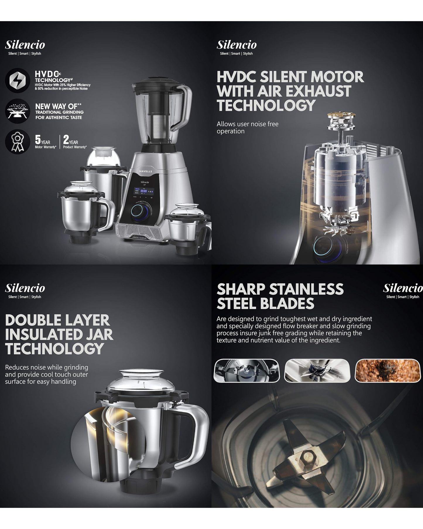 Havells Silencio | Powerful HVDC Motor |Hands Free Operation | Triple Safety Protection | 500 WATTS | Double Layered Jars | Smart Digital Control | 500 Juicer Mixer Grinder (4 Jars, Silver)