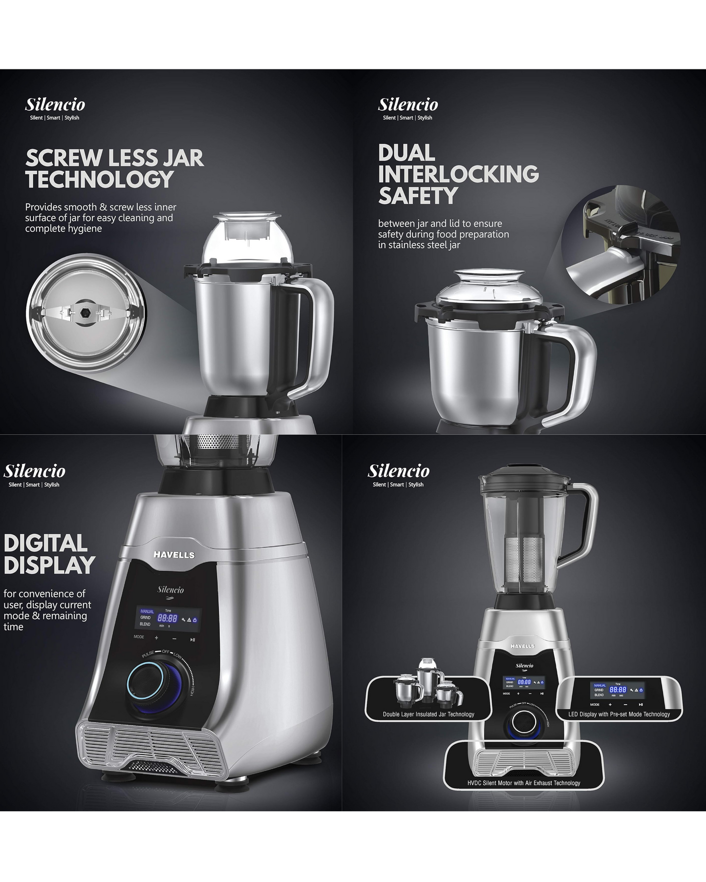 Havells Silencio | Powerful HVDC Motor |Hands Free Operation | Triple Safety Protection | 500 WATTS | Double Layered Jars | Smart Digital Control | 500 Juicer Mixer Grinder (4 Jars, Silver)
