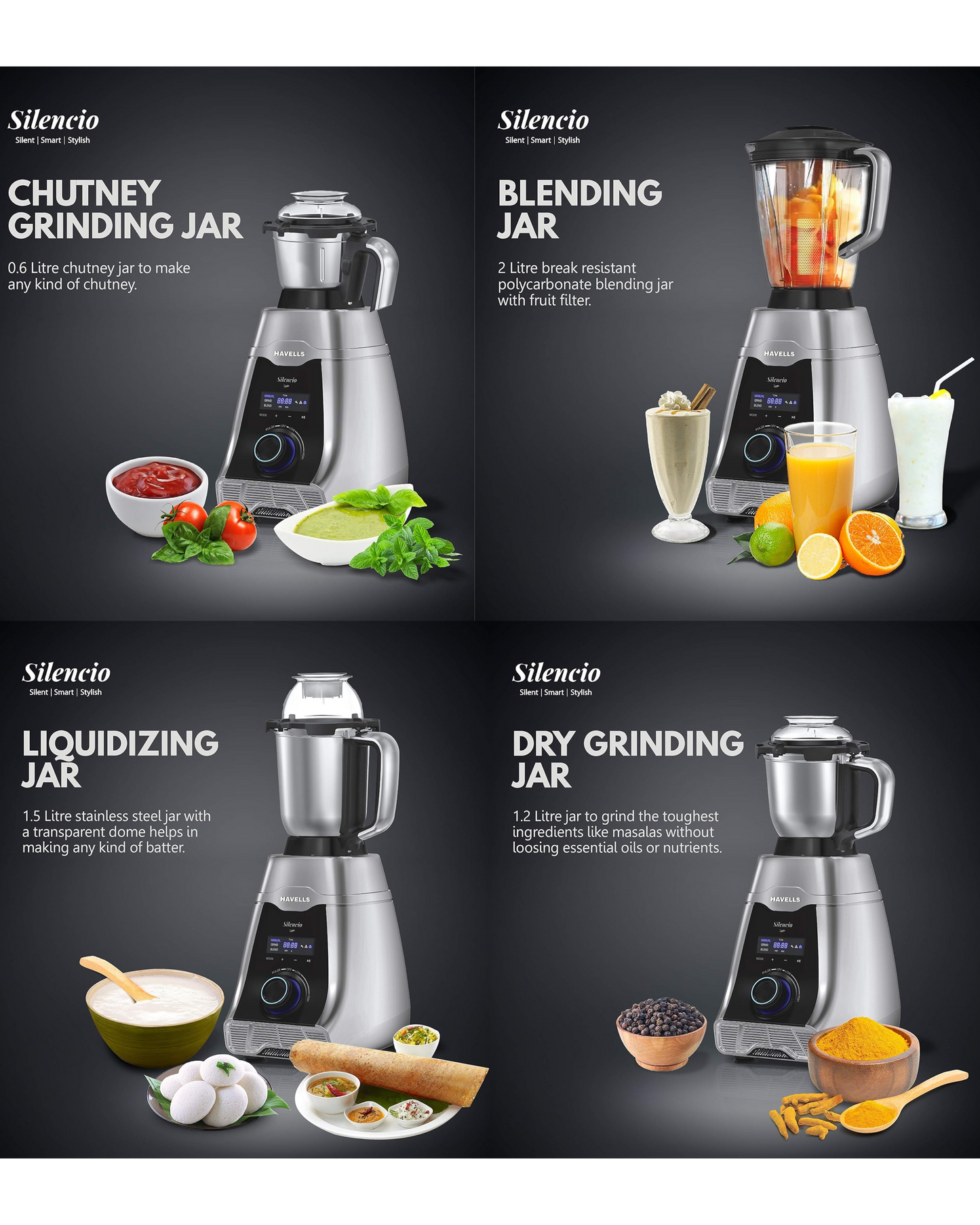 Havells Silencio | Powerful HVDC Motor |Hands Free Operation | Triple Safety Protection | 500 WATTS | Double Layered Jars | Smart Digital Control | 500 Juicer Mixer Grinder (4 Jars, Silver)