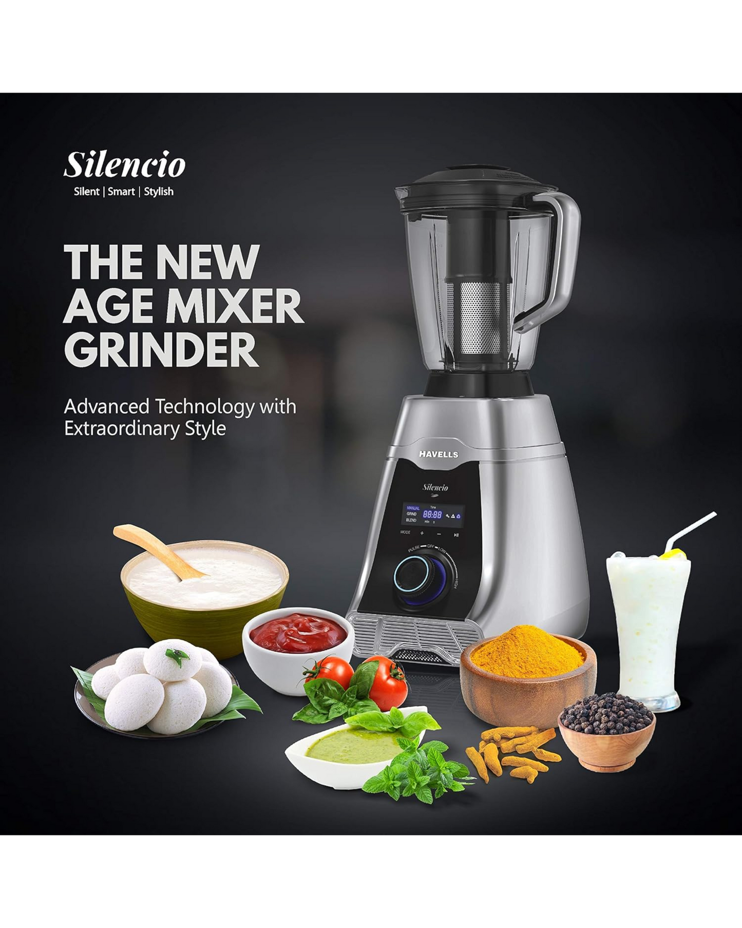 Havells Silencio | Powerful HVDC Motor |Hands Free Operation | Triple Safety Protection | 500 WATTS | Double Layered Jars | Smart Digital Control | 500 Juicer Mixer Grinder (4 Jars, Silver)