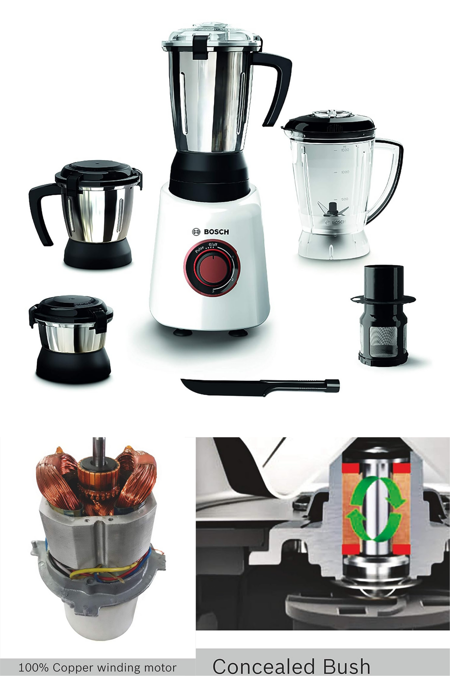 Bosch TrueMixx Bold Mixer Grinder 750 Watt, 4 Jars (White), MODEL ID ~ MGM6644WIN