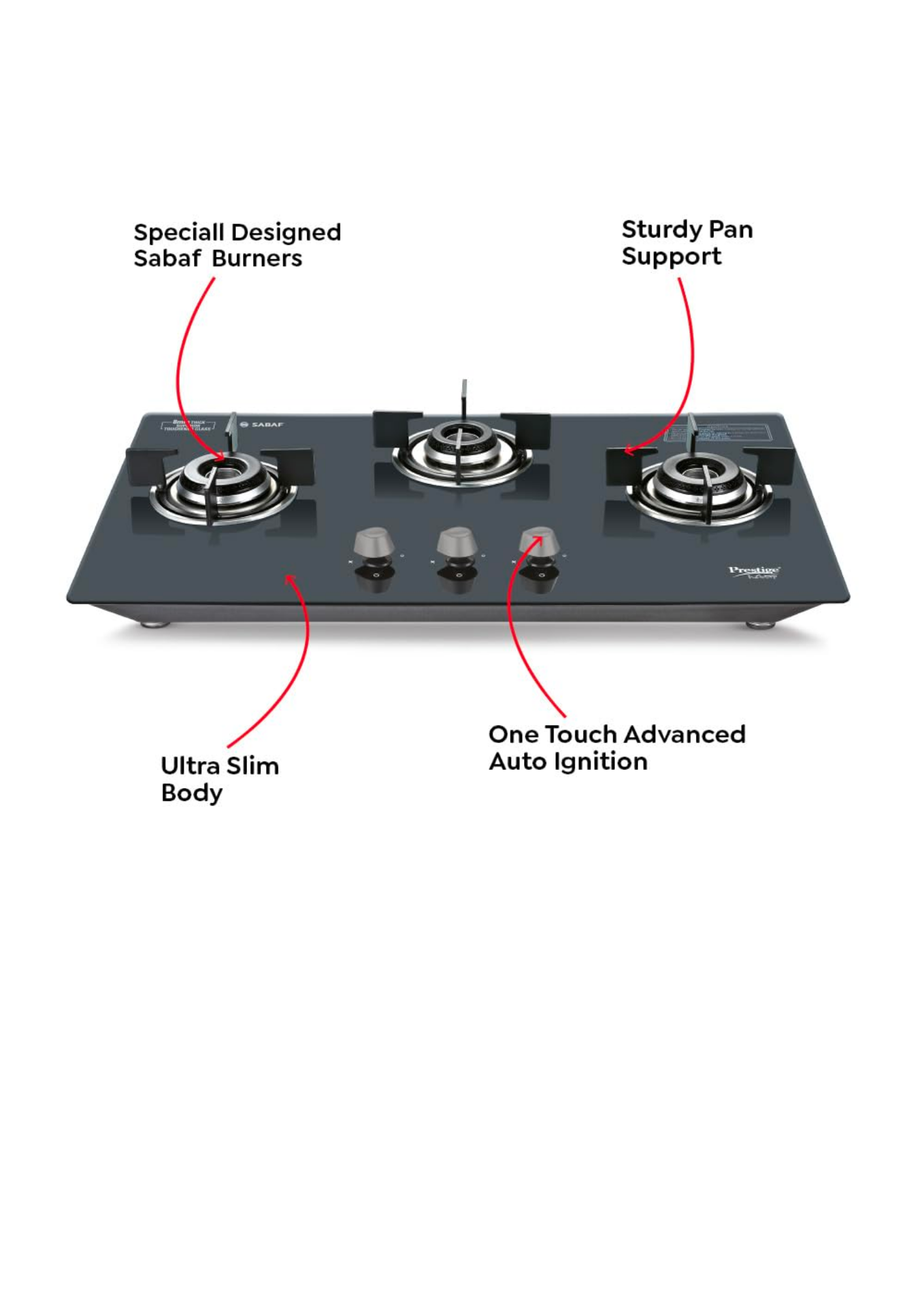 Prestige Desire Hobtop PHTD 02 AI (Toughened Glass Top, 3 Sabaf Burners, Auto Ignition) Glass Automatic Hob  (3 Burners)