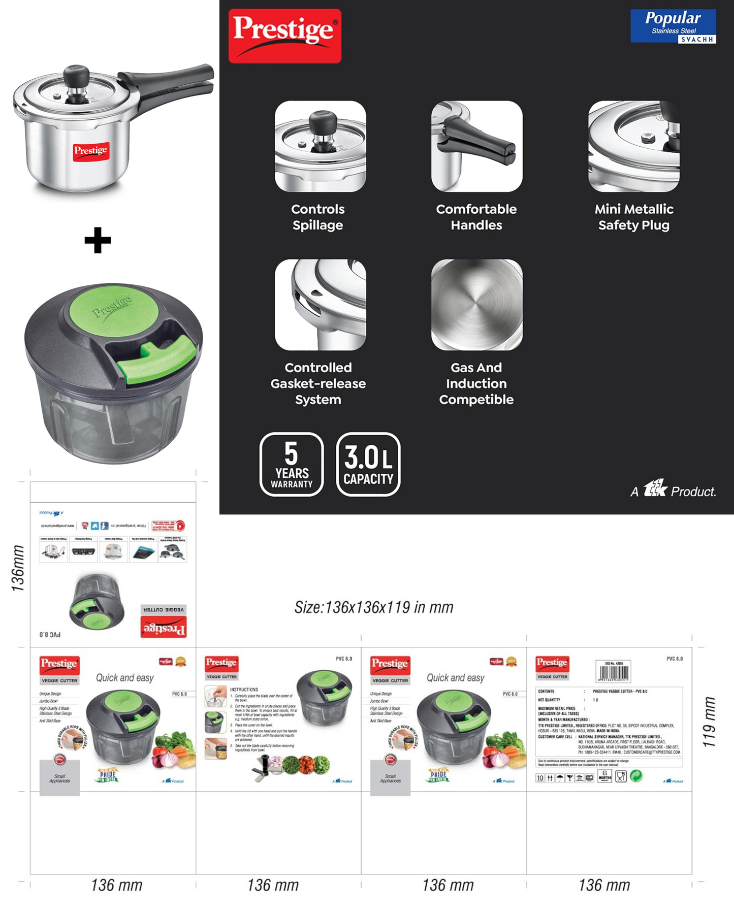 Prestige Popular Svachh(3.0L) with veggie cutter 8.0 (0.3L) 3 L, 0.3 L Outer Lid Induction Bottom Pressure Cooker (Stainless Steel)