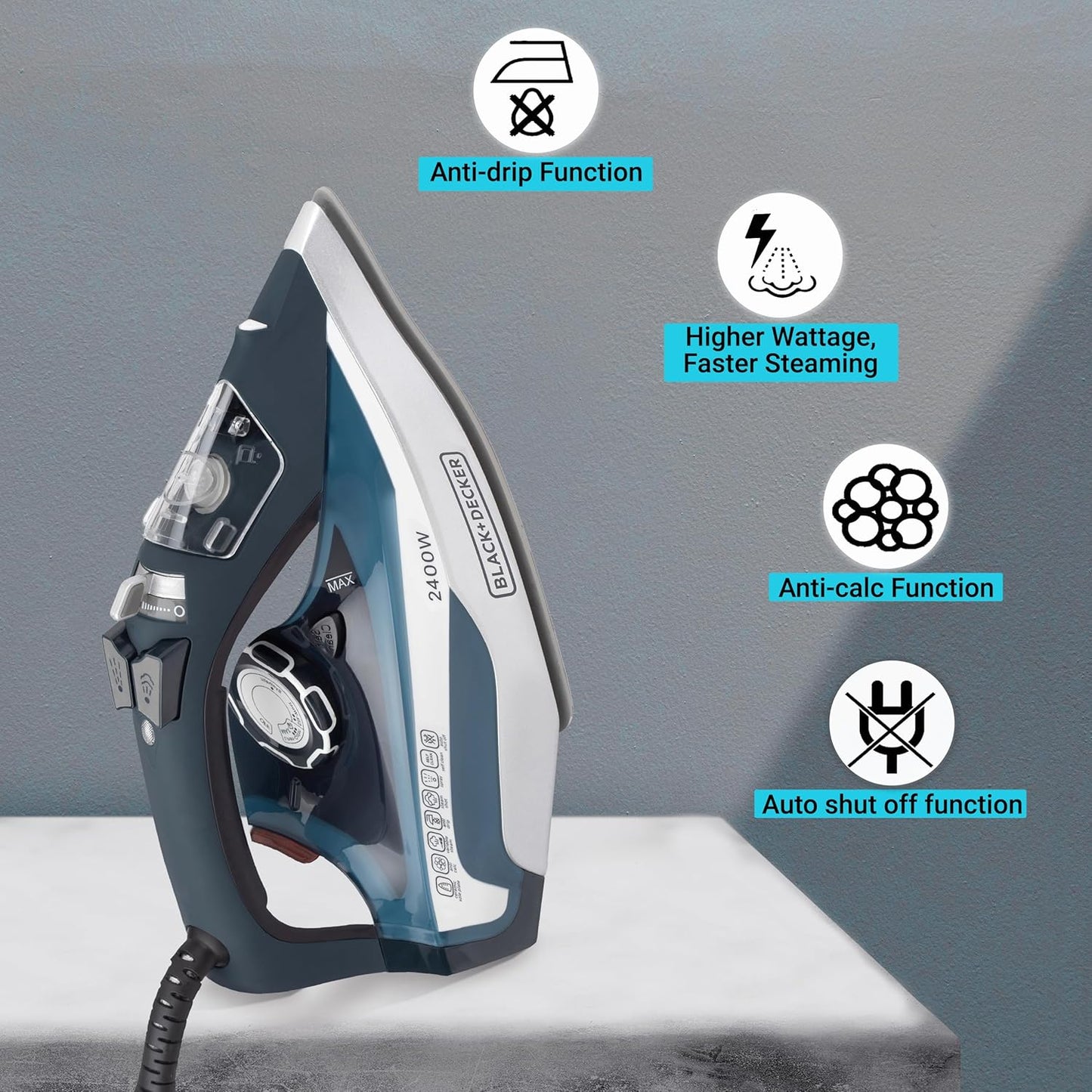 Black+Decker BXIR2401IN 2400-Watt 2Steam Iron Press with Auto Shut Off & Non-Stick Ceramic Sole Plate Coating | Anti-Drip Feature with 380 ml water tank | Steam Output of 35gm/min | 2 year warranty (Blue)