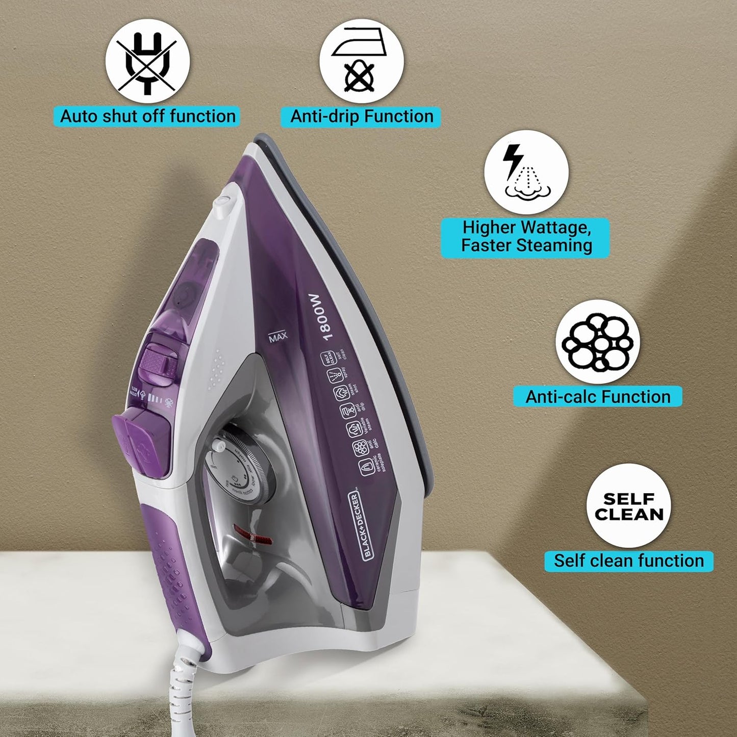Black+Decker BXIR1801IN 1800-Watt Steam Iron Press with Detachable 220ml Water Tank and Non-Stick Ceramic Sole Plate Coating | Self Clean & Anti Drip | 2 year Warranty (Purple)