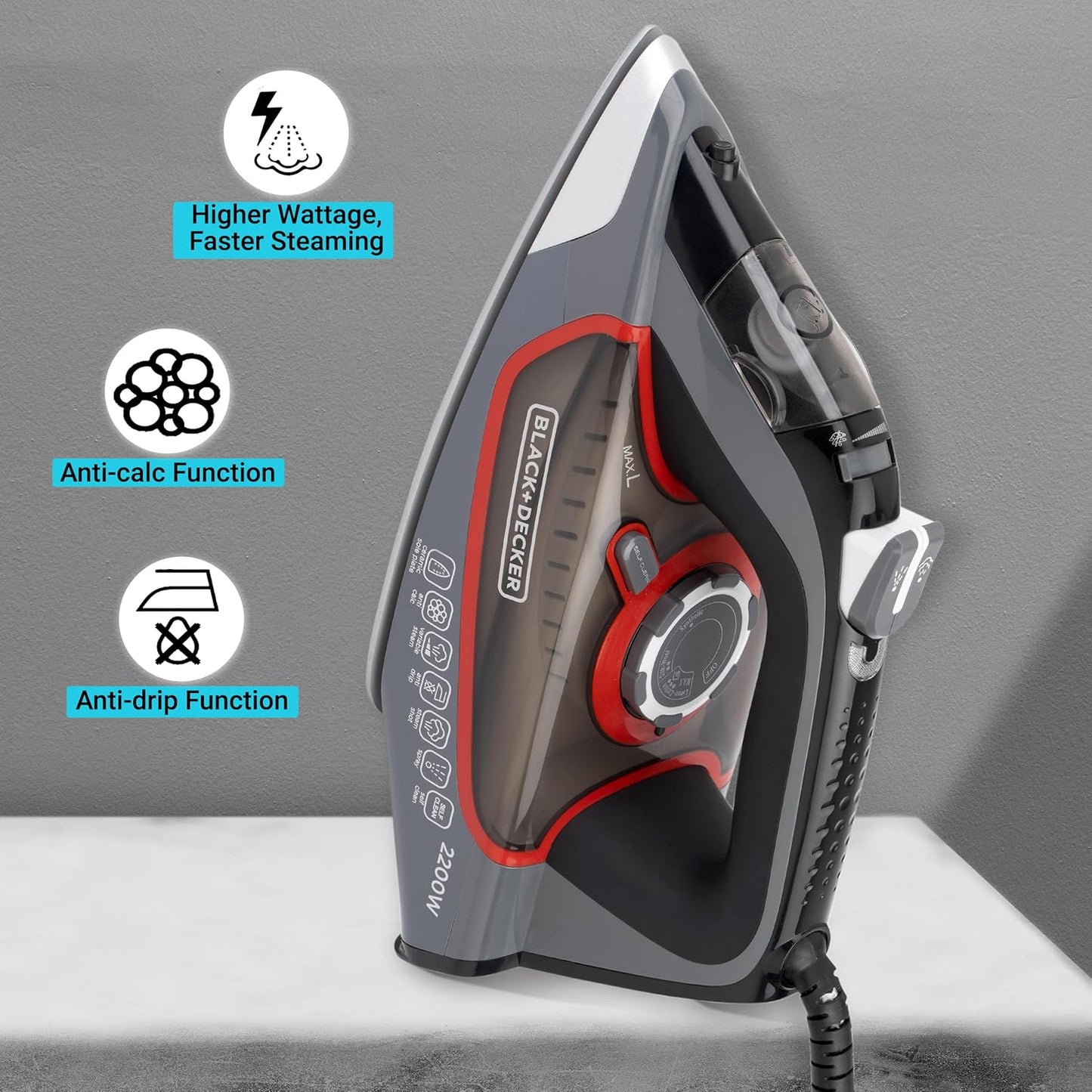 Black+Decker BXIR2202IN 2200-Watt Steam Iron Press with Auto Shut Off & Non-Stick Ceramic Sole Plate Coating | Anti-Drip Feature with 380ml Water tank | Steam Output of 35gm/min | 2 year warranty (Grey)