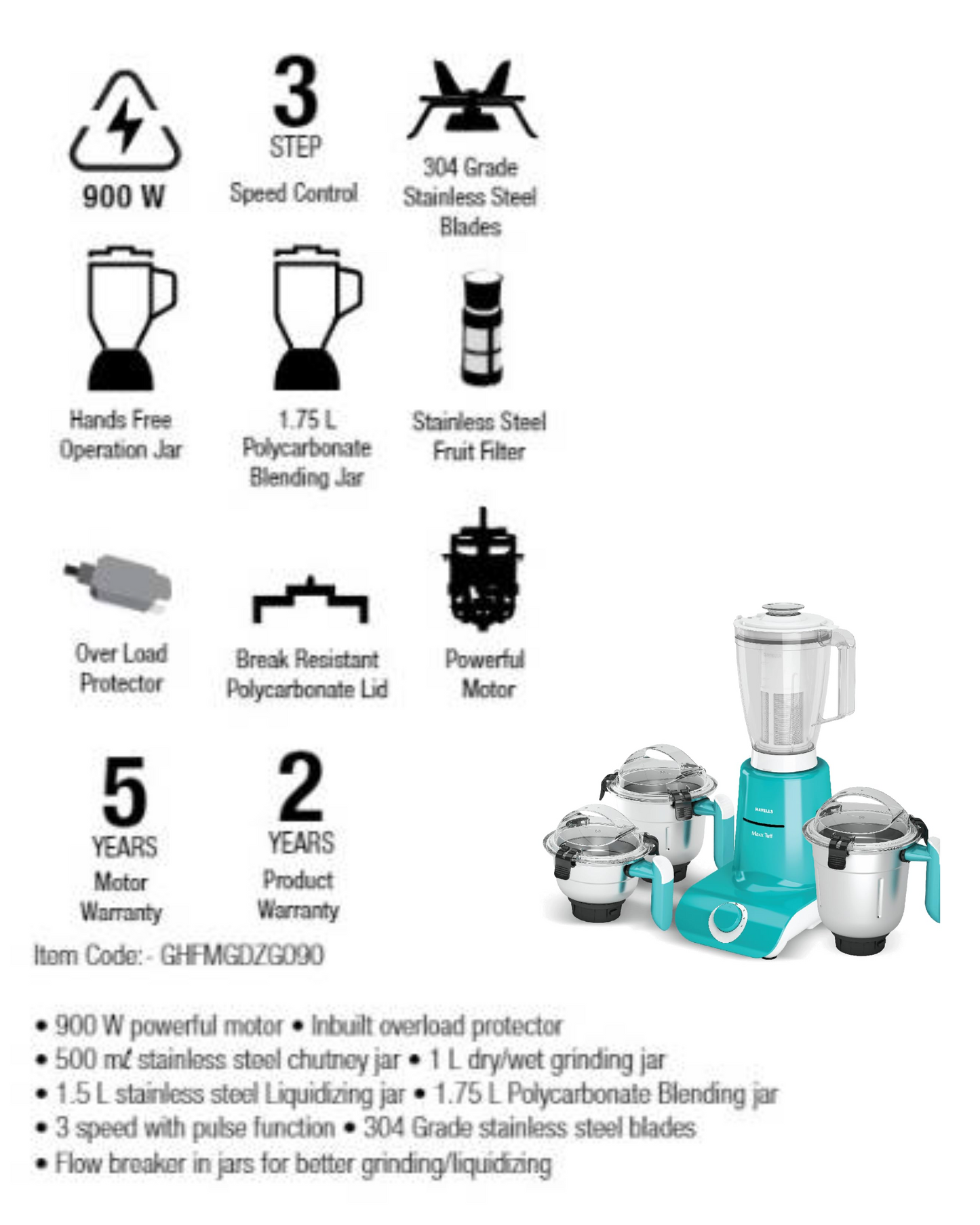 Havells Maxx TUFF Heavy Duty 900 Watts 4 Jar Mixer Grinder, Ball Bearing Copper Motor, 22000 RPM, Large Size Break Resistant Jars with Flow Breaker, 5Years Motor Warranty (White/green)