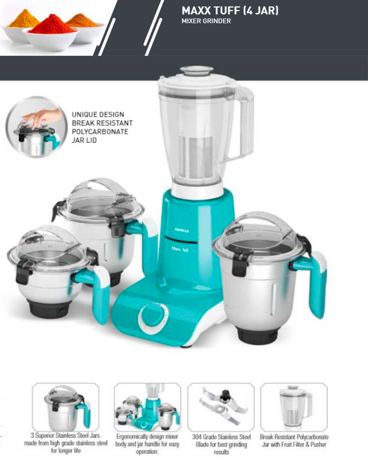Havells Maxx TUFF Heavy Duty 900 Watts 4 Jar Mixer Grinder, Ball Bearing Copper Motor, 22000 RPM, Large Size Break Resistant Jars with Flow Breaker, 5Years Motor Warranty (White/green)