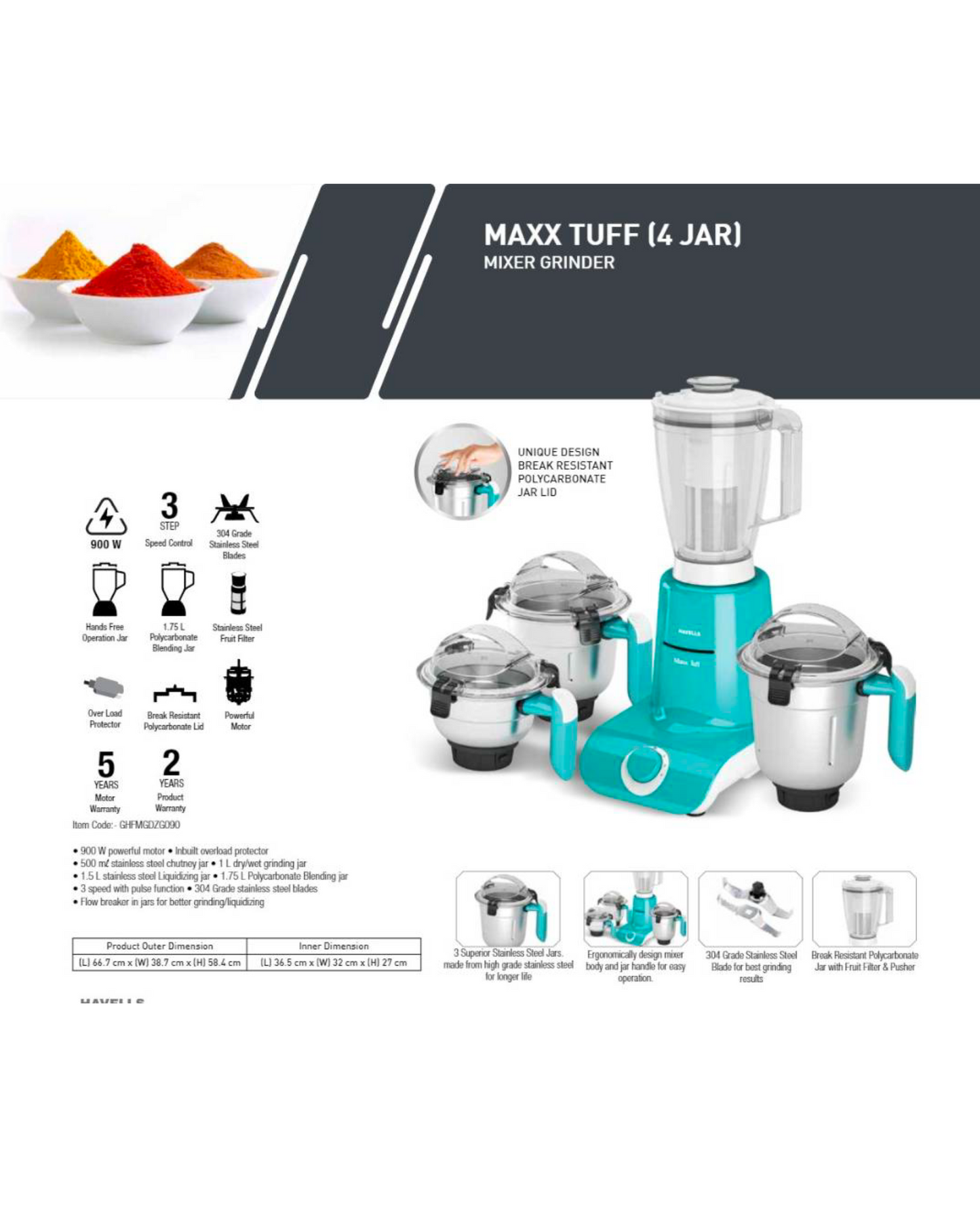 Havells Maxx TUFF Heavy Duty 900 Watts 4 Jar Mixer Grinder, Ball Bearing Copper Motor, 22000 RPM, Large Size Break Resistant Jars with Flow Breaker, 5Years Motor Warranty (White/green)