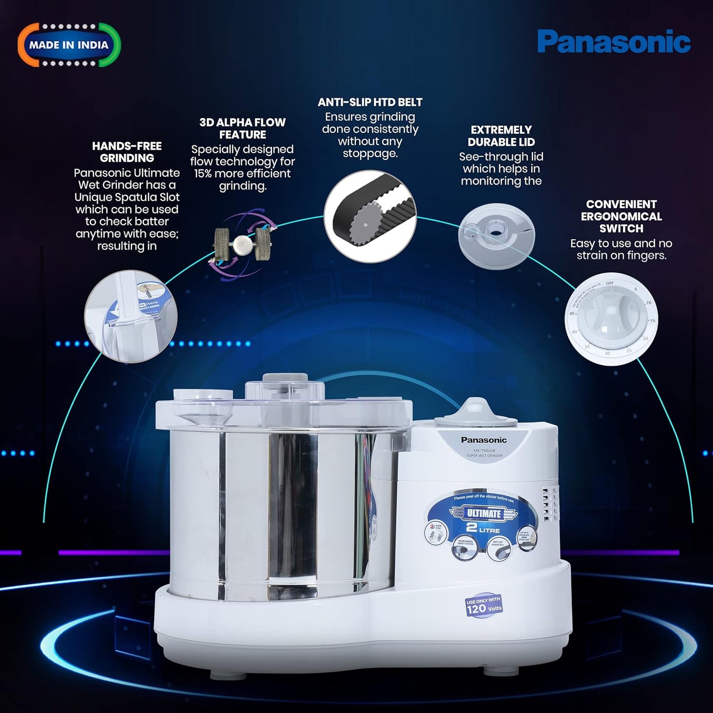 Panasonic MK-TSW200 Automatic Ultimate Wet Grinder(110 V) | With Timer | Capacity: 2 L | Wet Grinder (White)