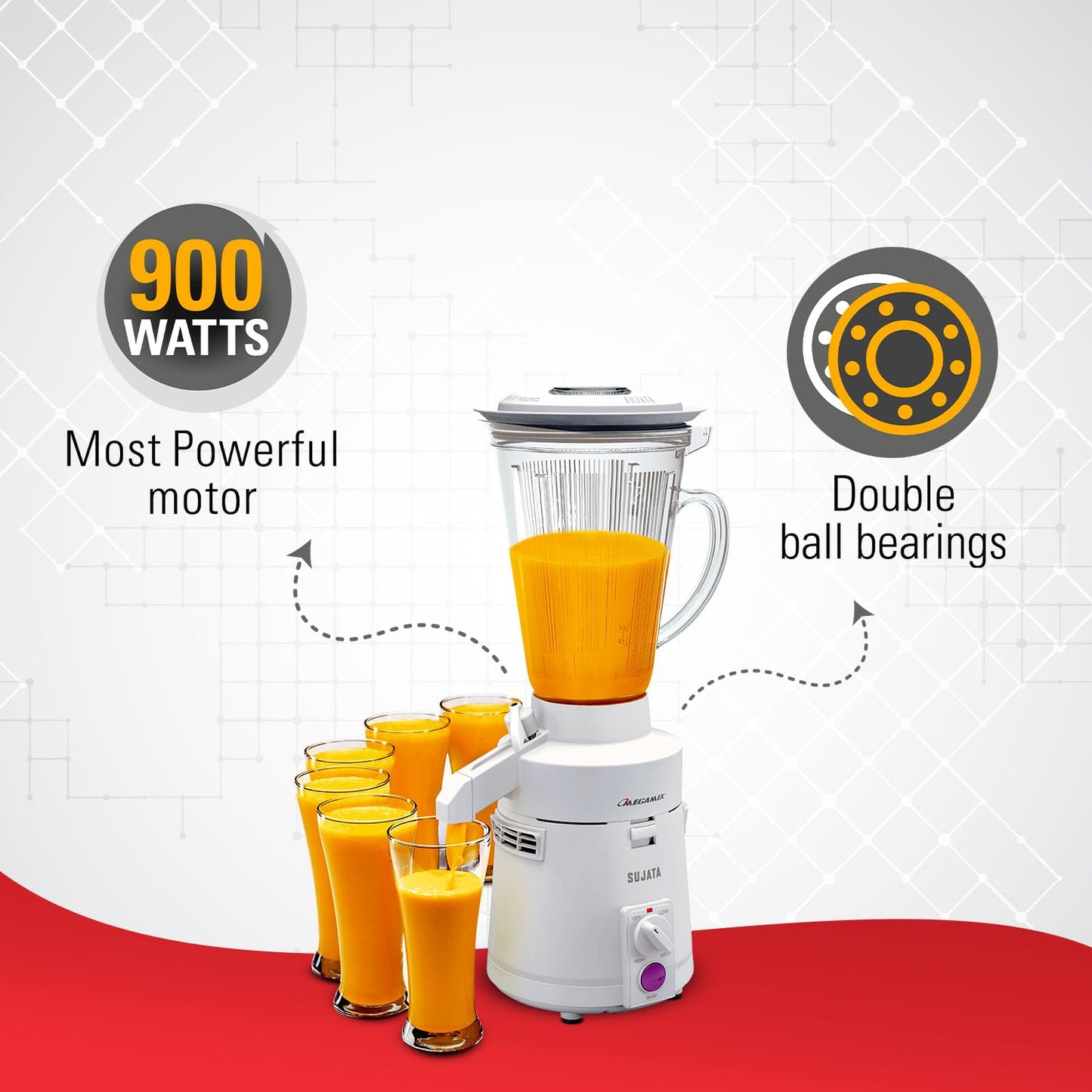 Sujata Megamix 900 Watts Mixer Blender | 22000 Rotations Per Min | 90 Minutes Continuous Running | Versatile Jar 1750 ml
