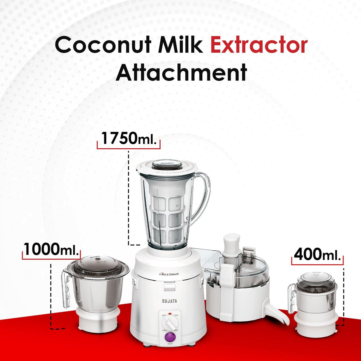 Sujata Multimix 900 Watts Mixer Grinder with Juicer | 22000 Rotations Per Min | 90 Minutes Continuous Running | 3 Versatile Jars 1750 ml, 1000 ml and 400 ml | Coconut milk extractor attachment