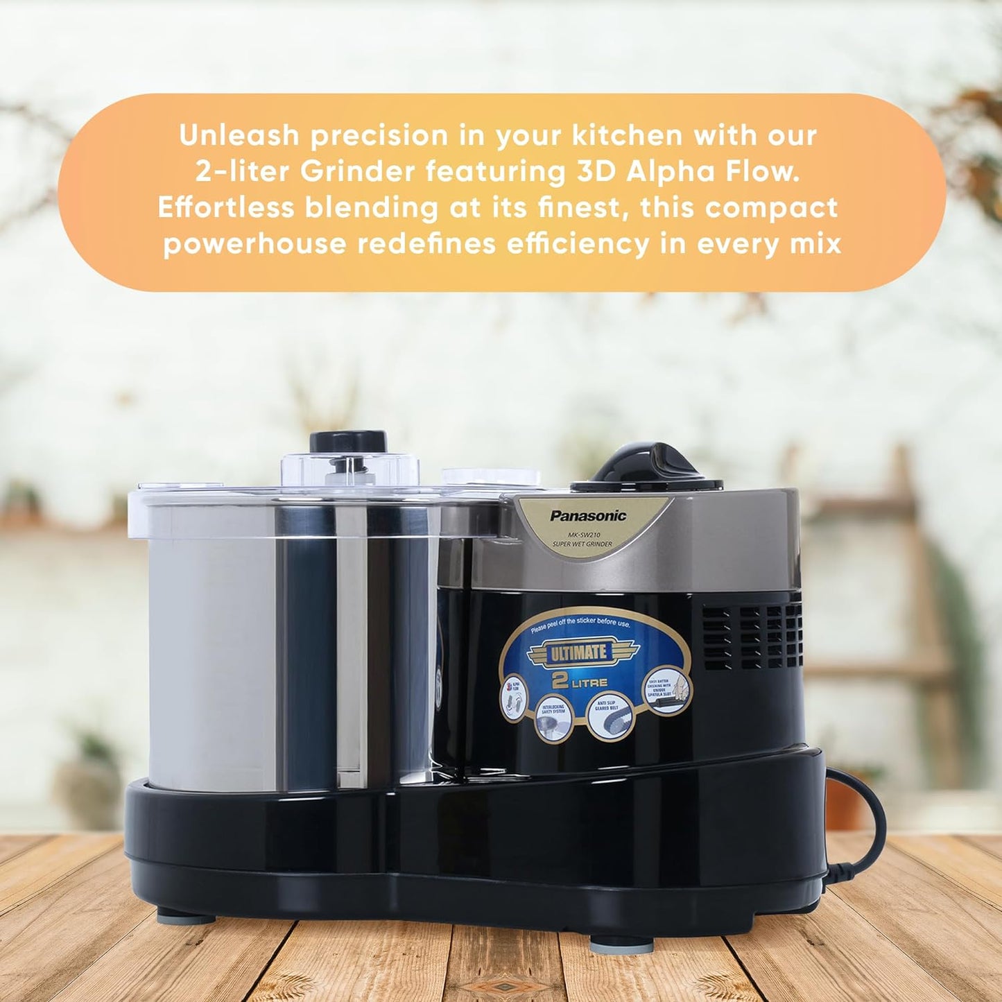 Panasonic MK-SW210 Super Wet Grinder | with Timer & Atta Kneader | Capacity: 2 L | Wet Grinder (Black)