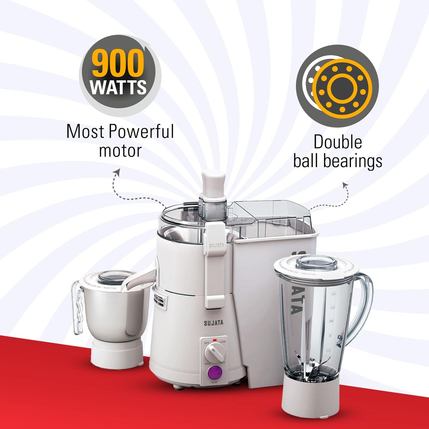 Sujata Powermatic Plus 900 Watts Juicer Mixer Grinder (2 Jars, White)