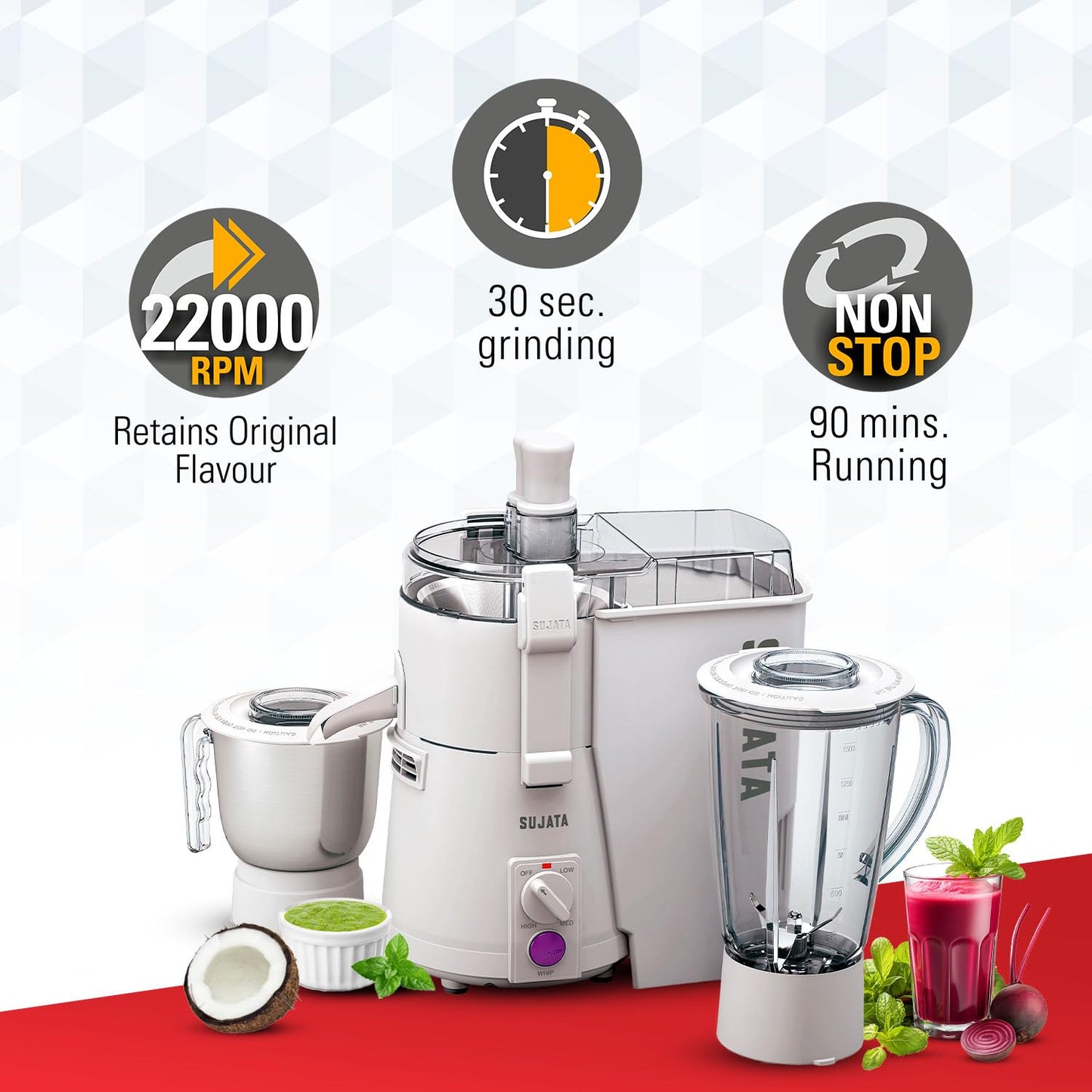 Sujata Powermatic Plus 900 Watts Juicer Mixer Grinder (2 Jars, White)