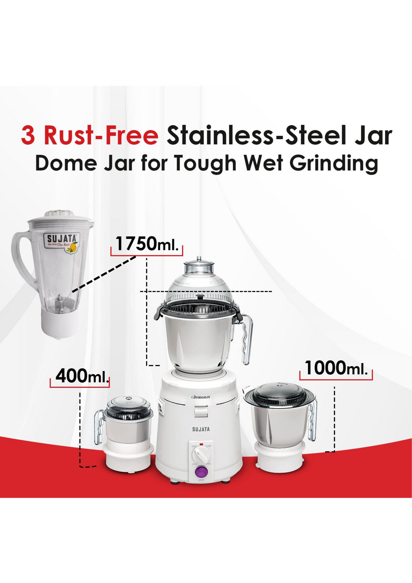 Sujata DYNAMIX The Heavy Duty Mixer Grinder with Extra Blender(juicer) jar, 900 W, white