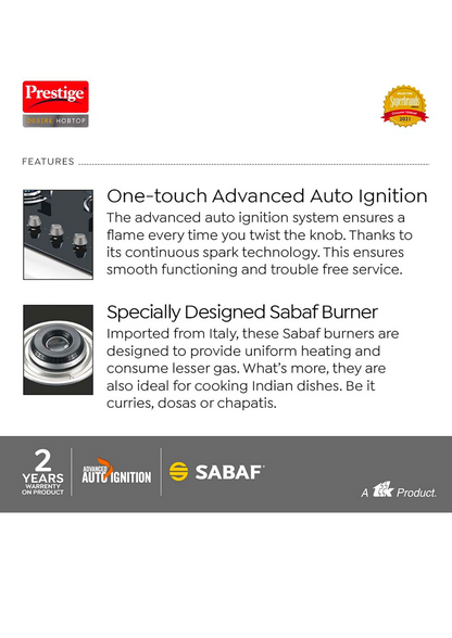 Prestige Desire Hobtop PHTD 02 AI (Toughened Glass Top, 3 Sabaf Burners, Auto Ignition) Glass Automatic Hob  (3 Burners)