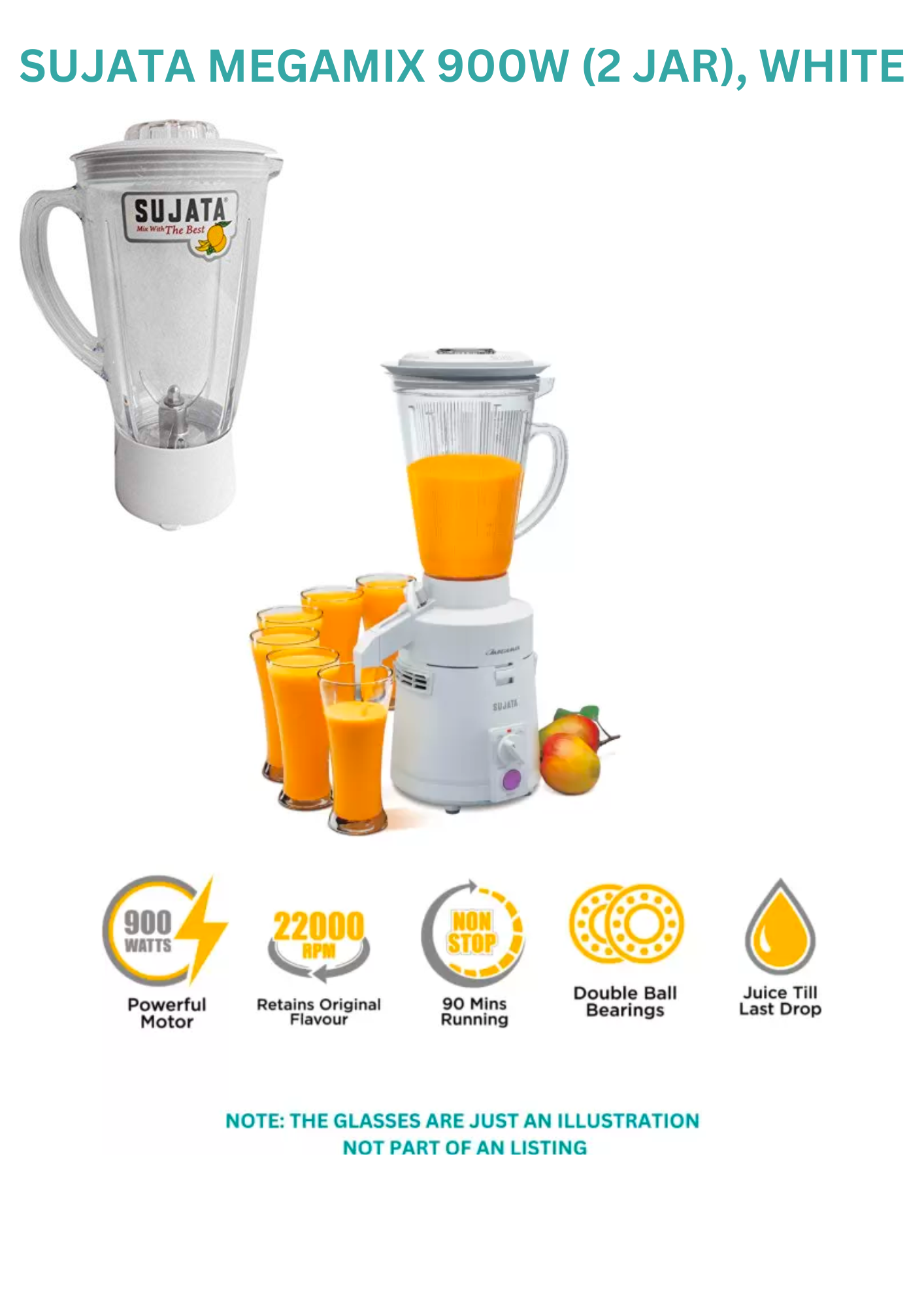 SUJATA MEGAMIX with Extra Blender (Juicer) jar 900 Juicer Mixer Grinder (2 Jars, White)